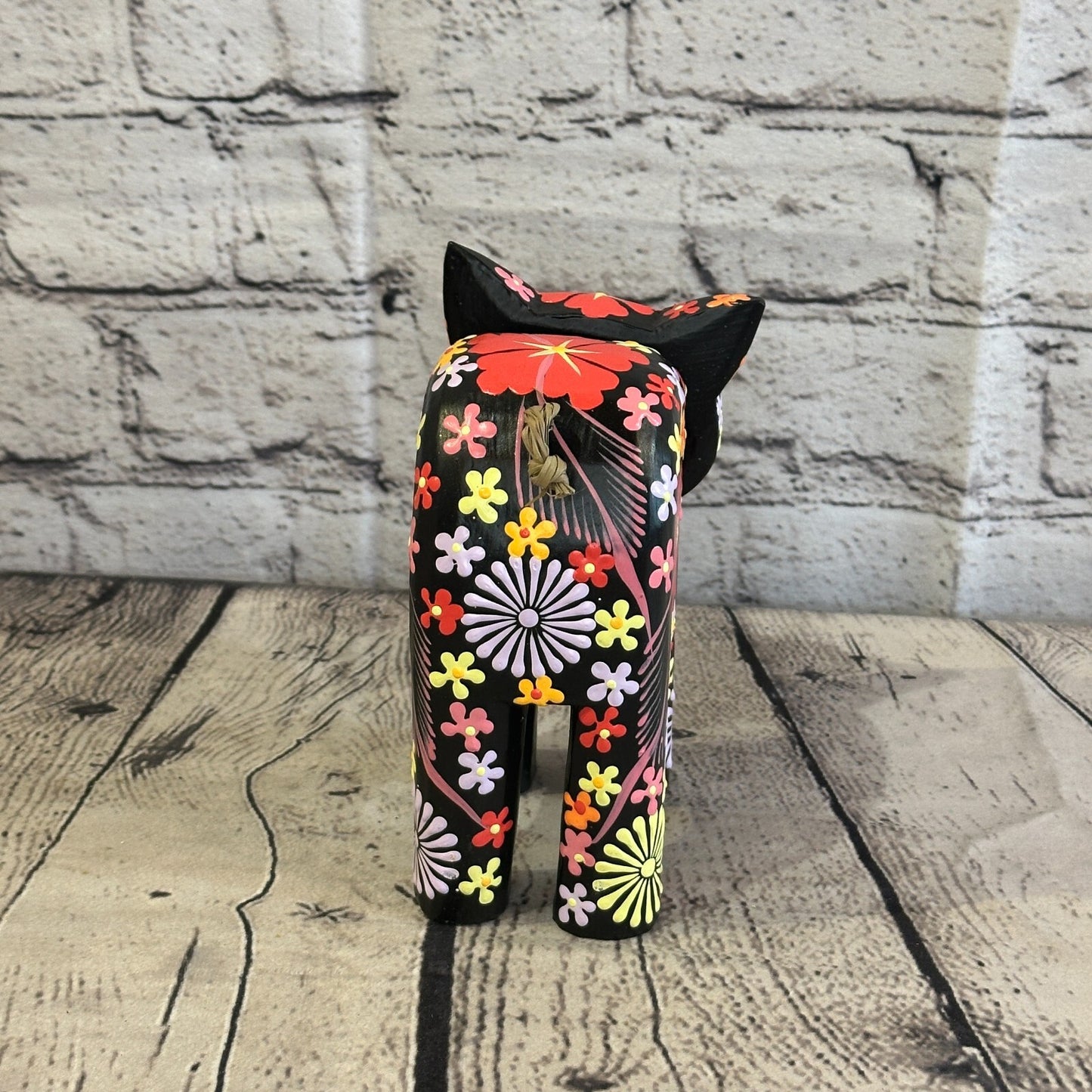 Black Large Wooden Cat With Flower Pattern 15cm x 10cm Handmade and Fairtrade