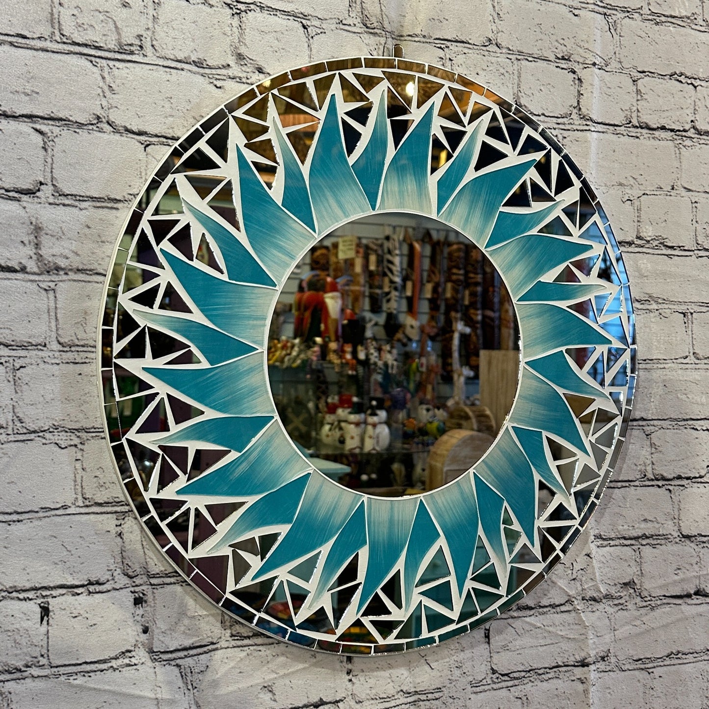 Turquoise Blue Flame Sun Mosaic Tile Wall Mirror 50cm x 50cm 20 Inches Handmade