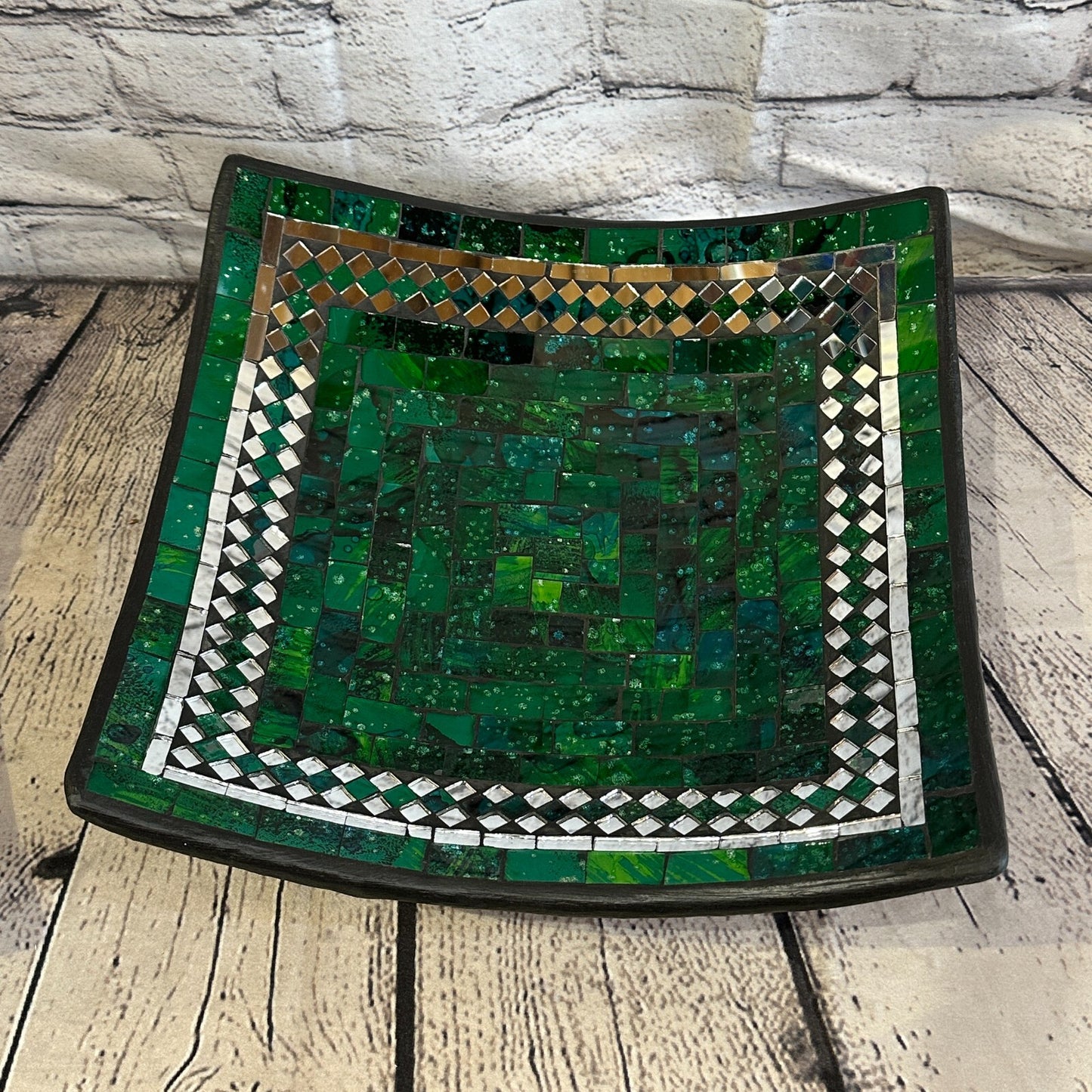 30cm Green Square Mosaic Handmade Ceramic Glass Tile Bowl Fruit