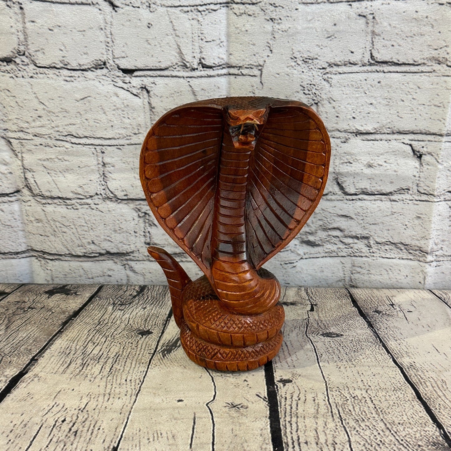 20cm x 10cm Solid Wood Cobra Carving Sculpture Decor Statue Snake Oriental Cobra