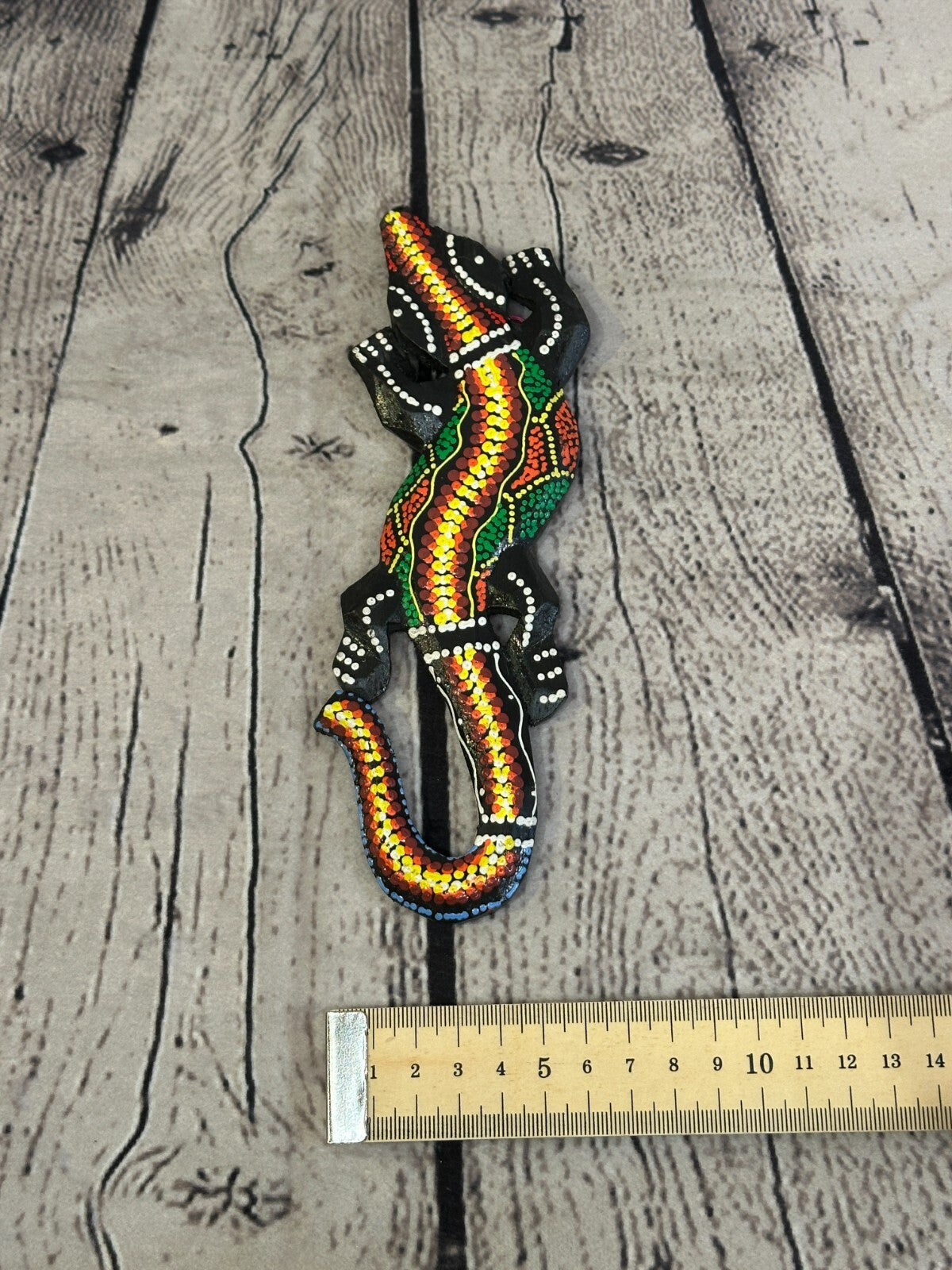 20cm Gecko Carved Wooden Dot Painted Ethnic Tribal Tiki Wall Handmade No 13