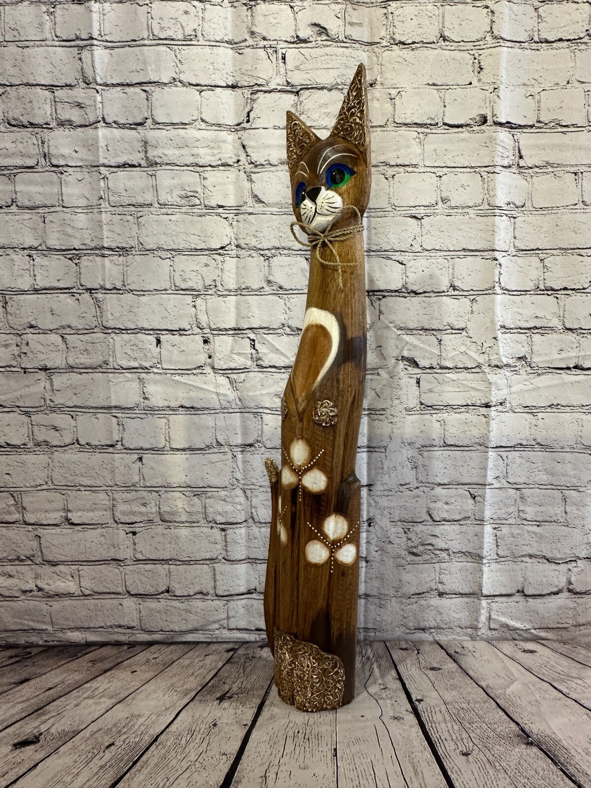 80cm Brown Swirl Flower Wooden Shabby Cat Statue Ornament Fair Trade Handcarved