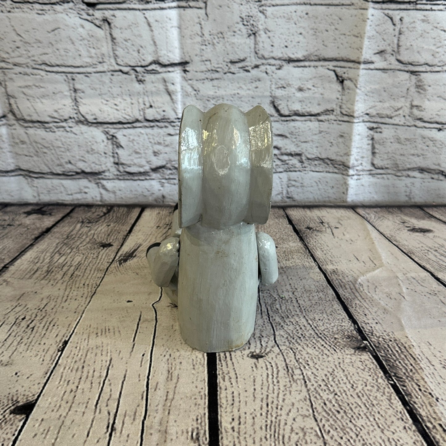 20cm Grey Elephant Sitting Animal, Wooden Shelf Ornament Handmade & Fairtrade