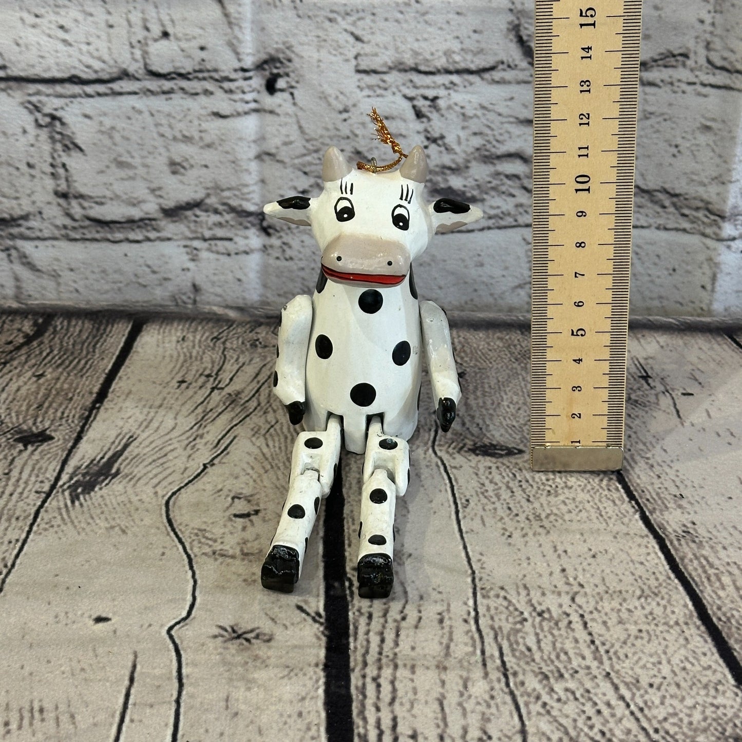10cm Spotty Cow Sitting Animal, Wooden Shelf Ornament Handmade and Fairtrade