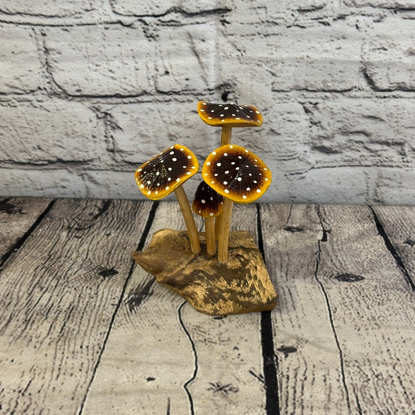 Brown Yellow Painted Mushroom Parasite Ornament Natural Carving Fairtrade Wooden