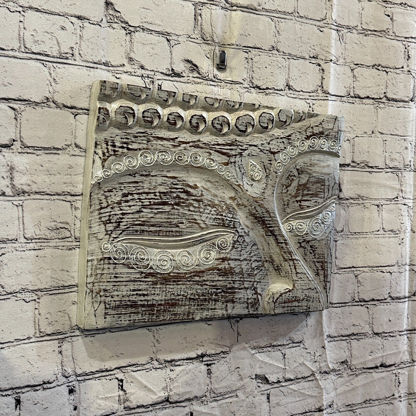 Wooden Wood Panel 40cm Brown White Buddha Eyes Lotus Wall Art Plaque Handcarved