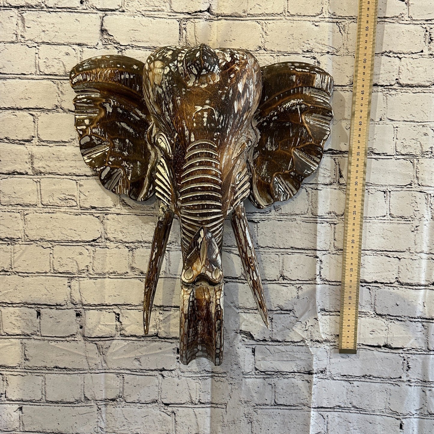 50cm x 40cm Brown Carved Wood Elephant Head Wall Mounted Art Large Shabby