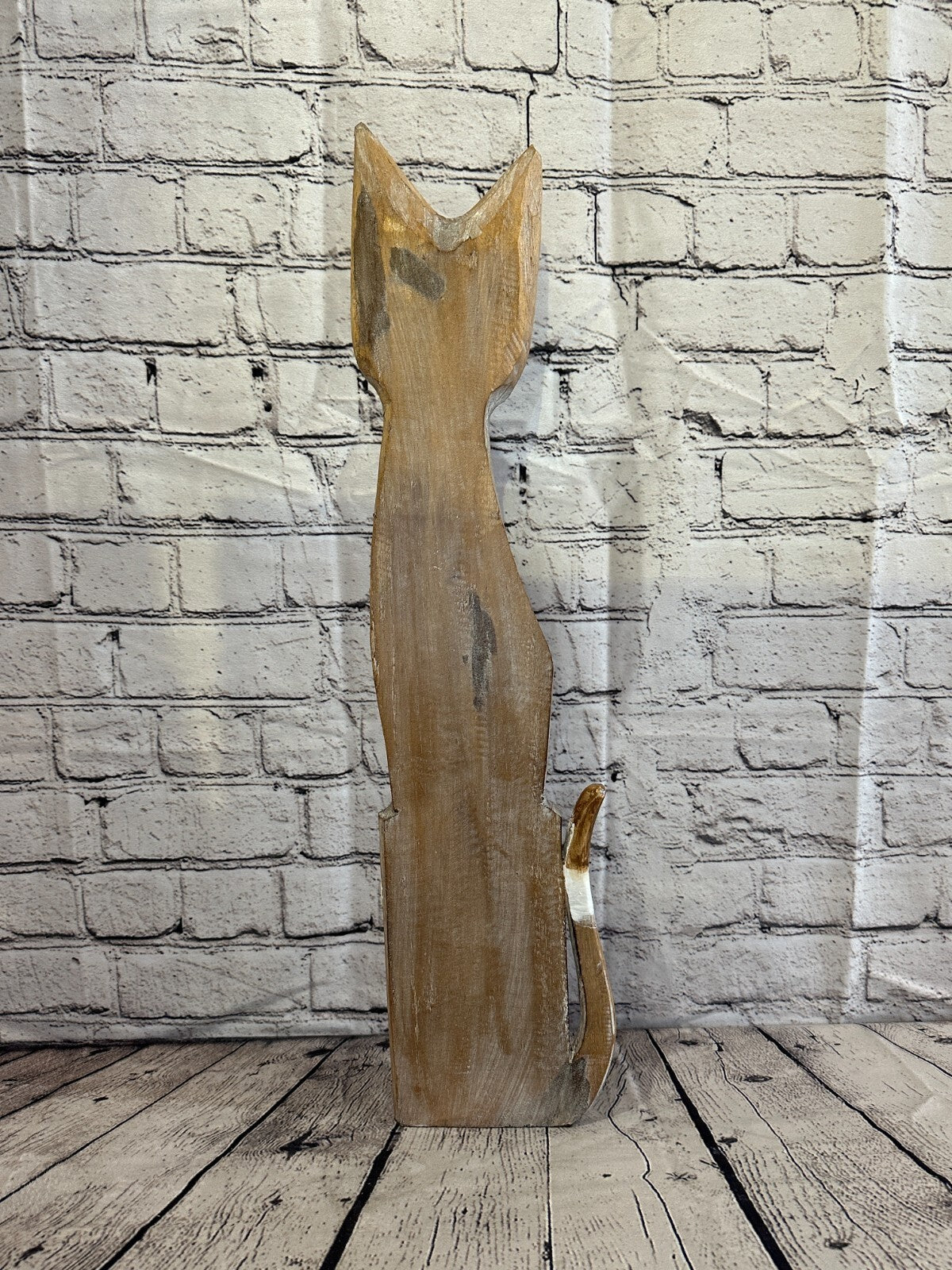 60cm Light Brown Flower Wooden Shabby Cat Statue Ornament Fair Trade Handcarved