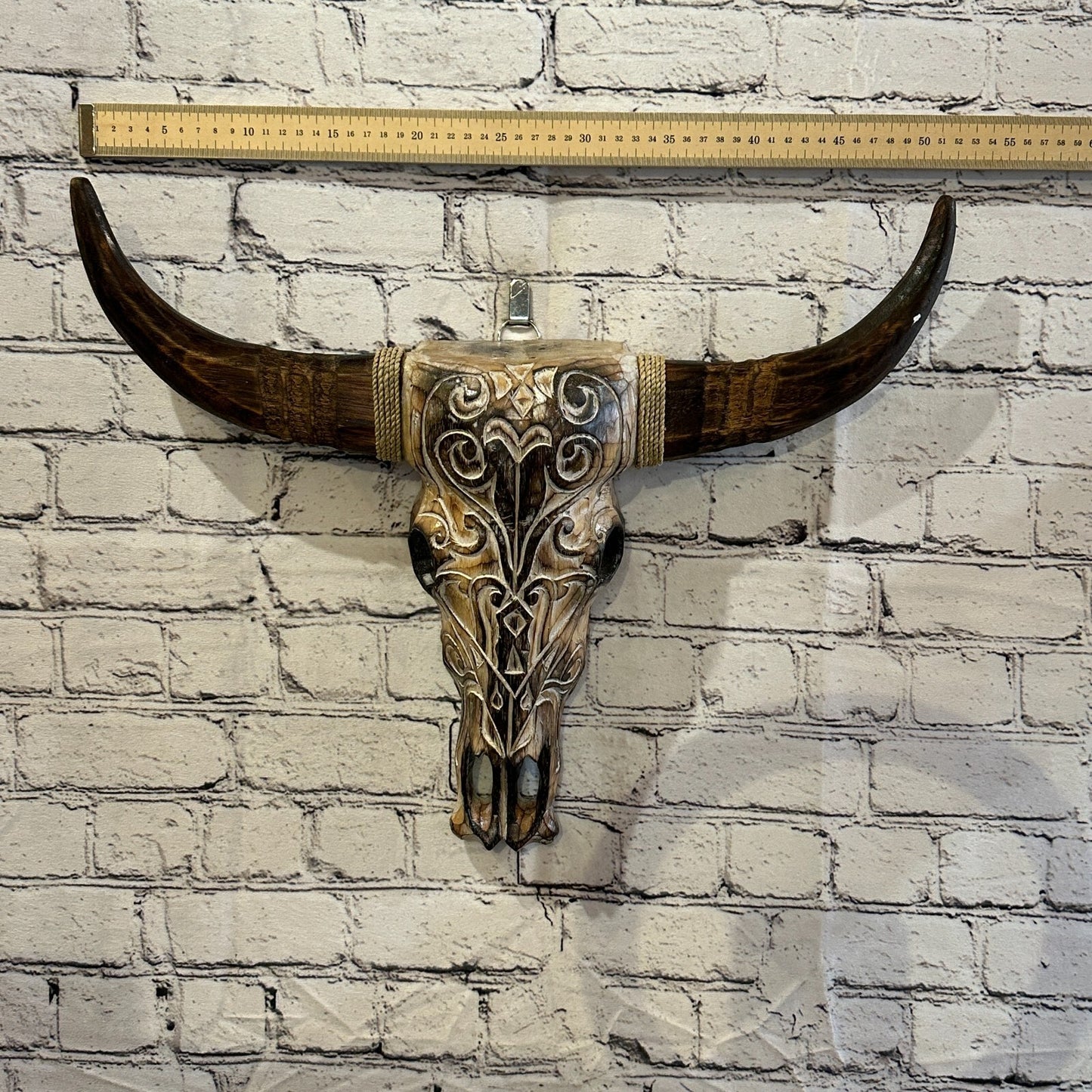 50cm x 40cm Brown Carved Wood Cow Bison Skull Head Wall Mounted Art Large Shabby