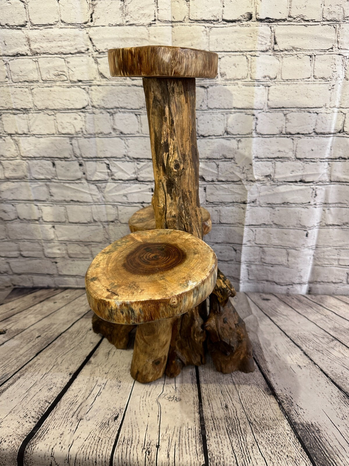 60cm x 45cm Triple Teak Root Wood Mushroom Coffee Table Side Home Furniture