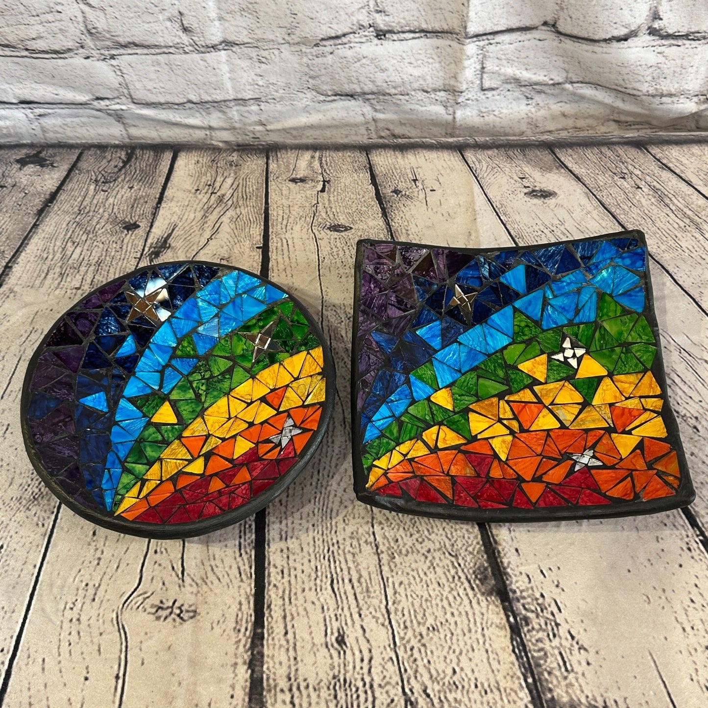 35cm Rainbow Stars Round Mosaic Handmade Ceramic Glass Tile Bowl Fruit