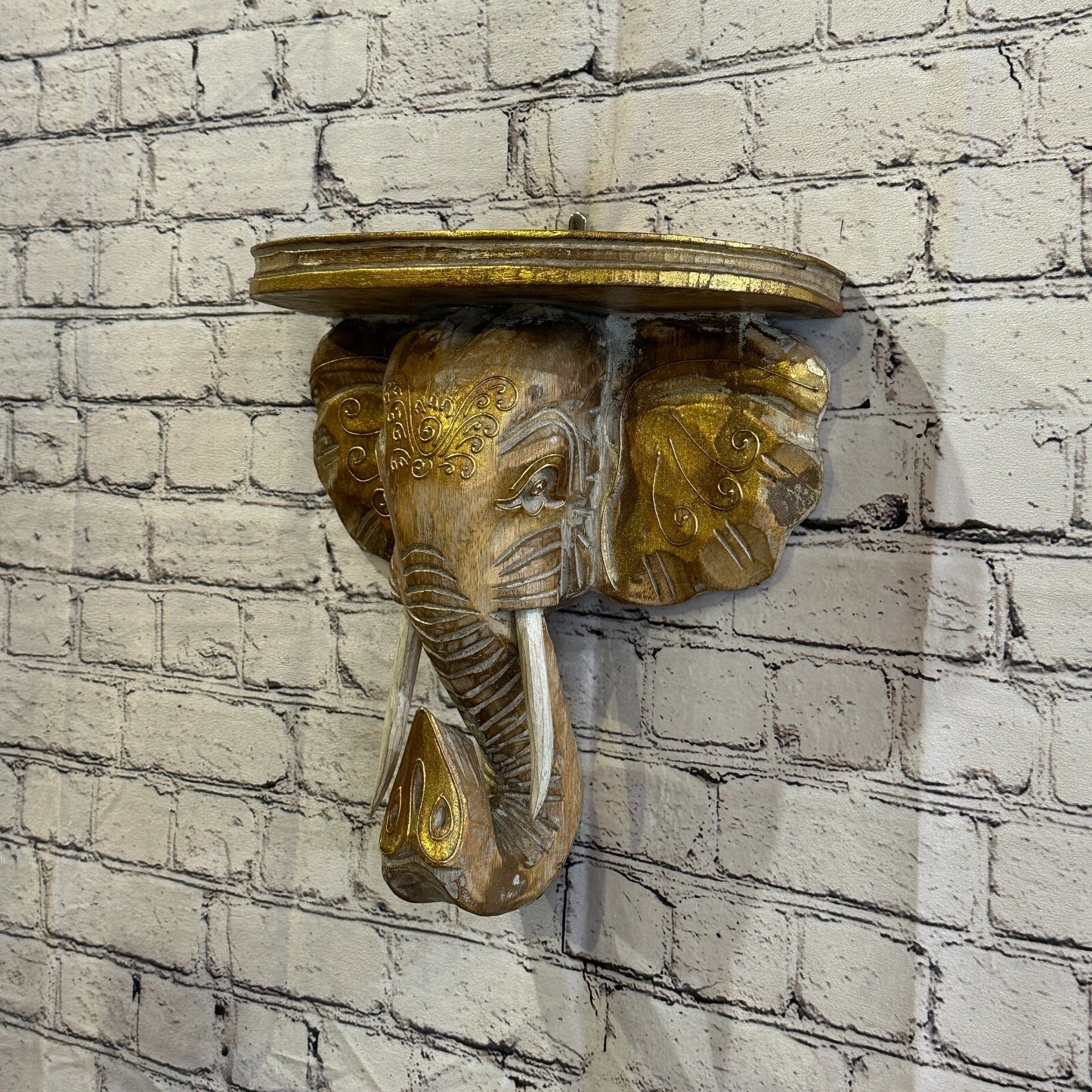 30cm x 30cm Brown Gold Shelf Wood Elephant Head Wall Mounted Art Large Shabby