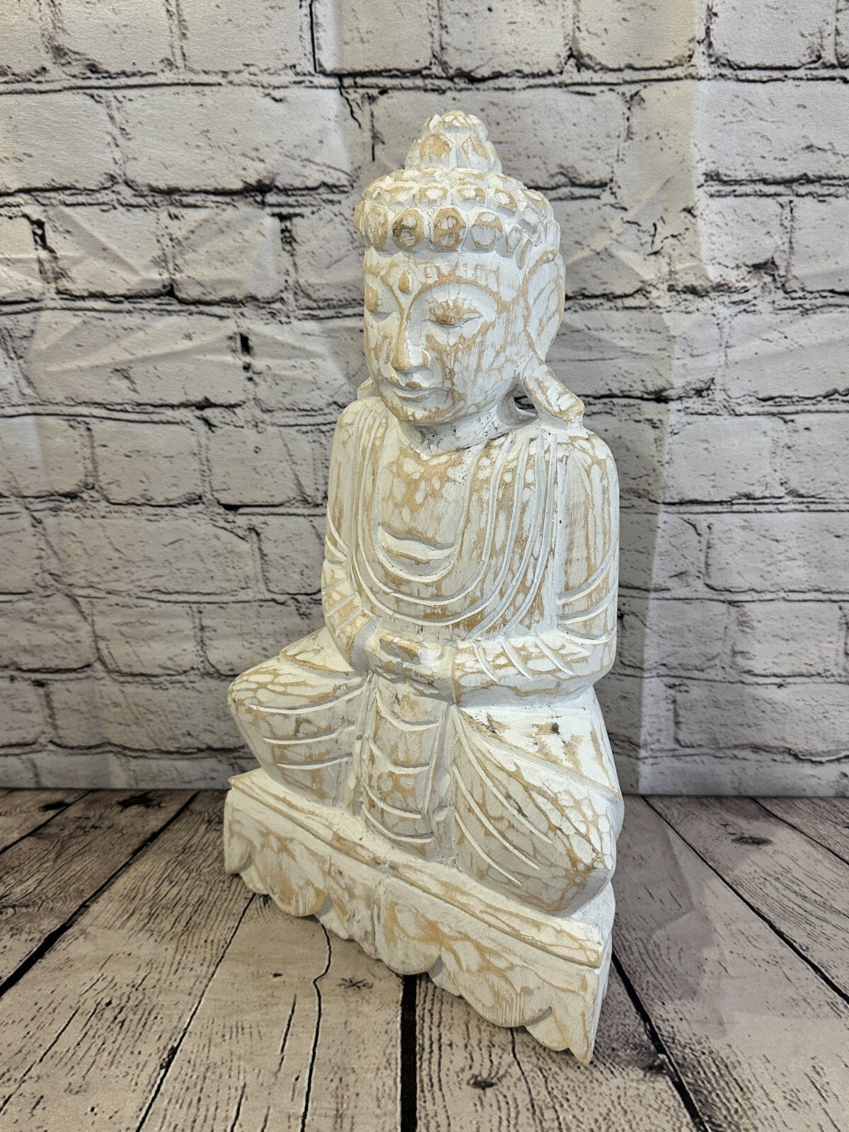 40cm x 20cm White Buddha Wooden Standing Statue Figurine Ornament Fair Trade