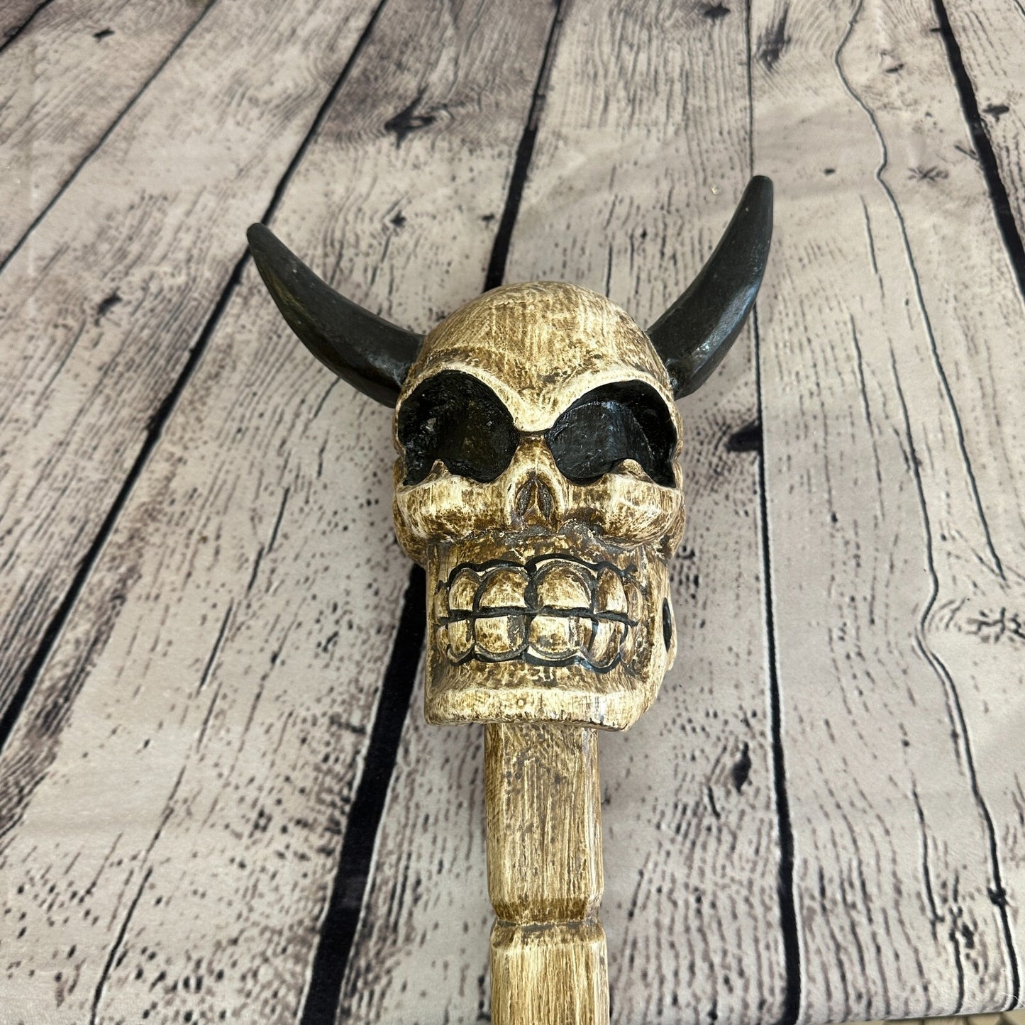 Skull Head With Horns 100cm Tribal Walking Stick Cane Hand Carved Light Wood