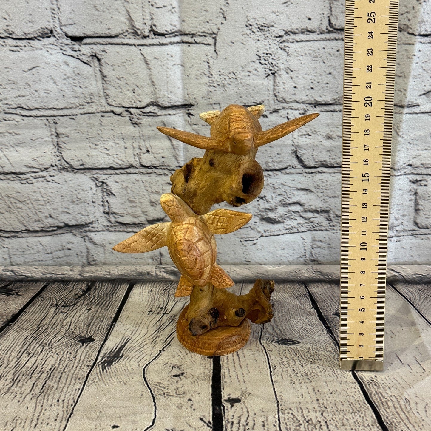 20cm Double Turtle Mushroom Parasite Ornament Natural Carving Fairtrade Wooden