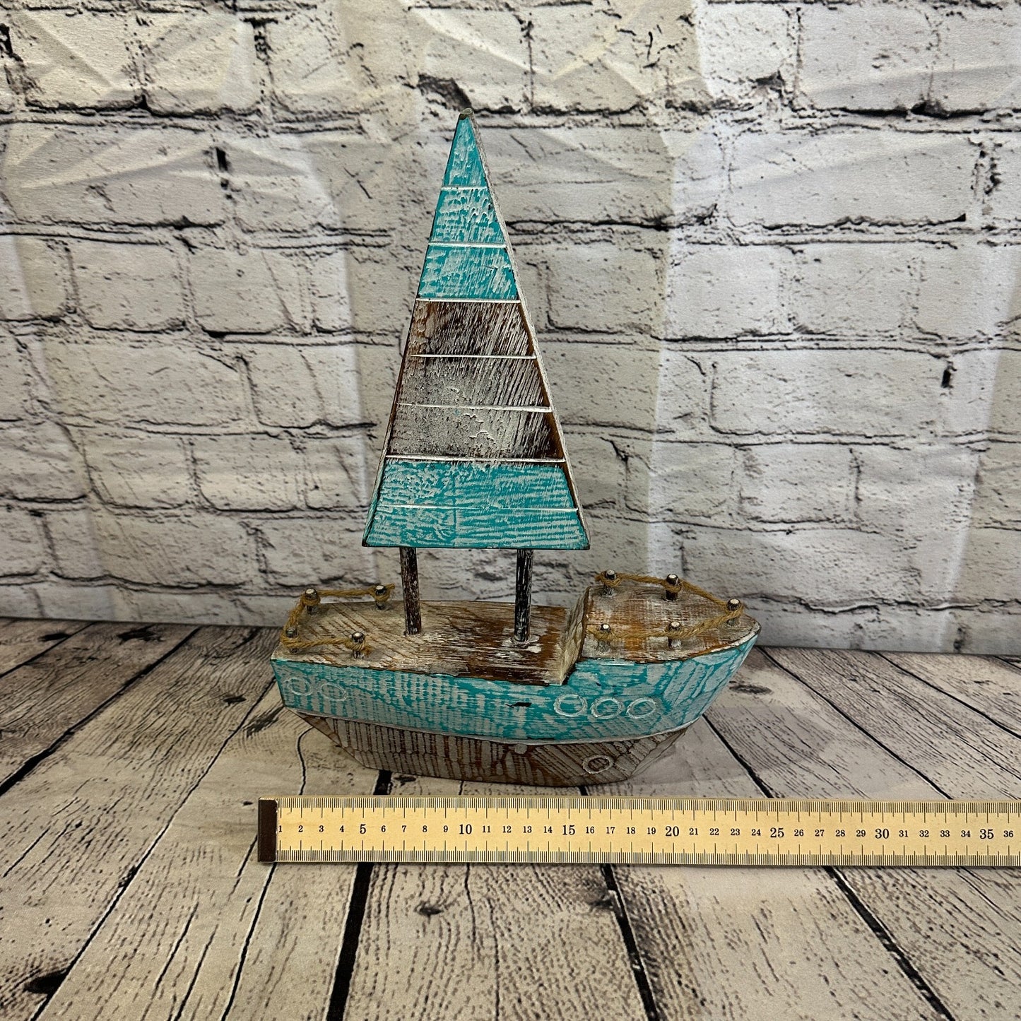 35cm Rustic Wooden Brown & Green Sailing Boat Nautical Ornament Sculpture Decor