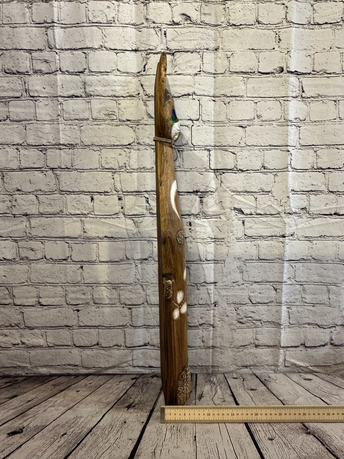 80cm Brown Swirl Flower Wooden Shabby Cat Statue Ornament Fair Trade Handcarved