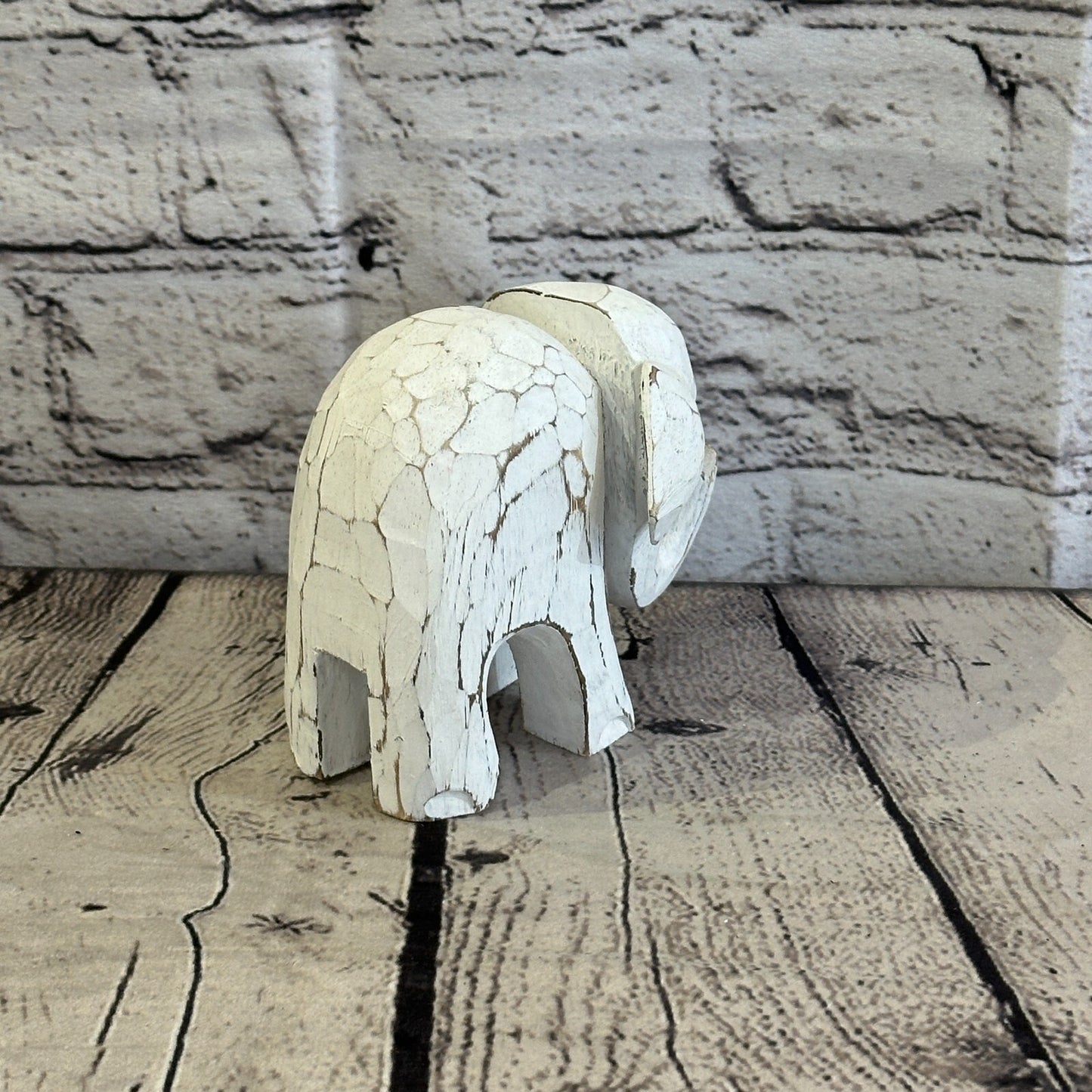 White Wooden Elephant With Shabby Pattern 10cm x 10cm Handmade and Fairtrade