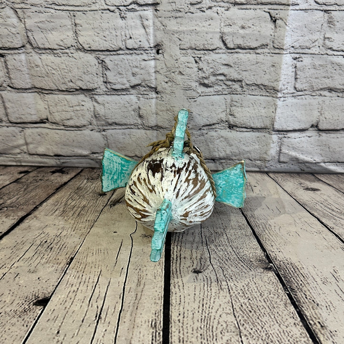 Green White Folk Art Hand Painted Puffer Fish Coconut Shell Ornaments Hanging