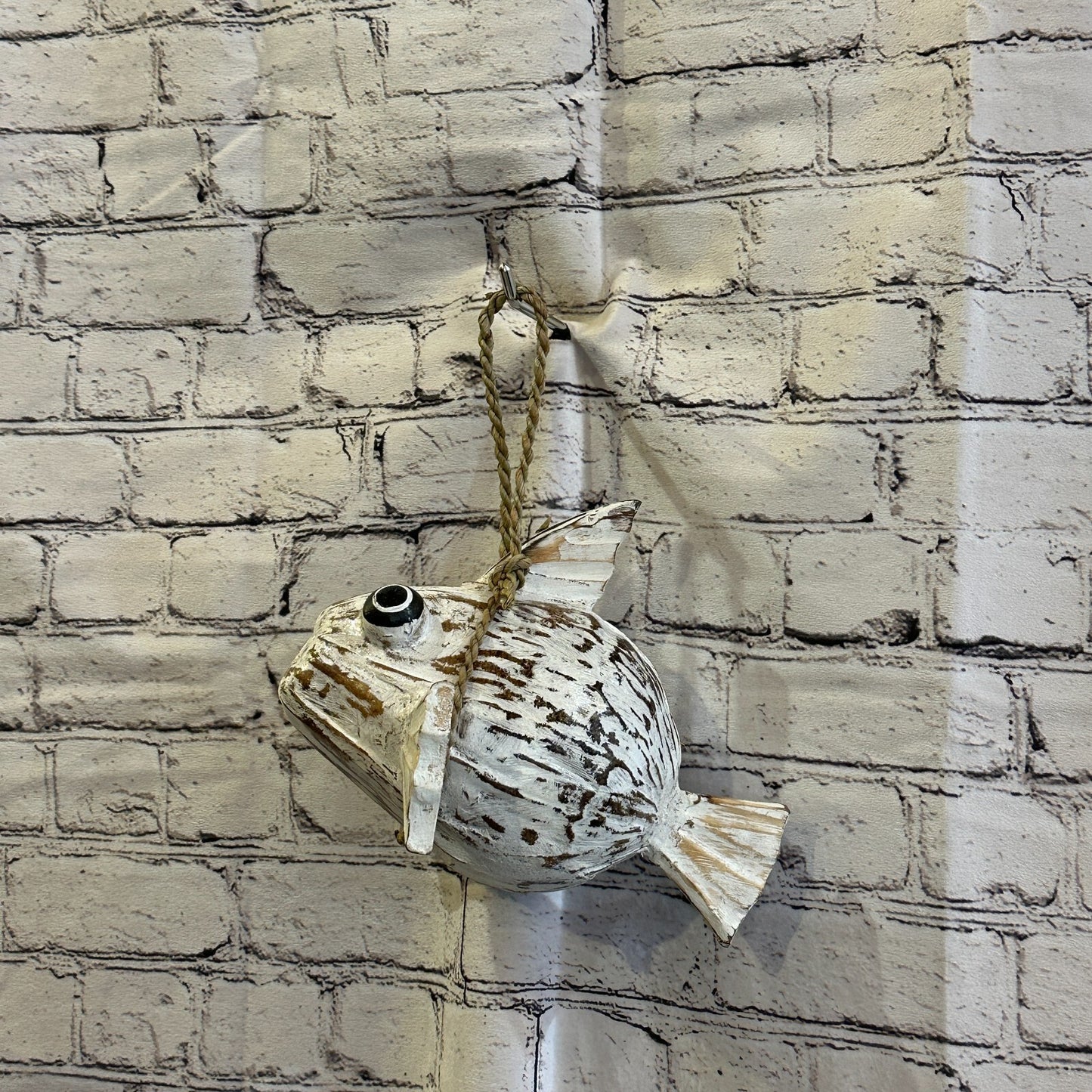 Plain White Folk Art Hand Painted Puffer Fish Coconut Shell Ornaments Hanging