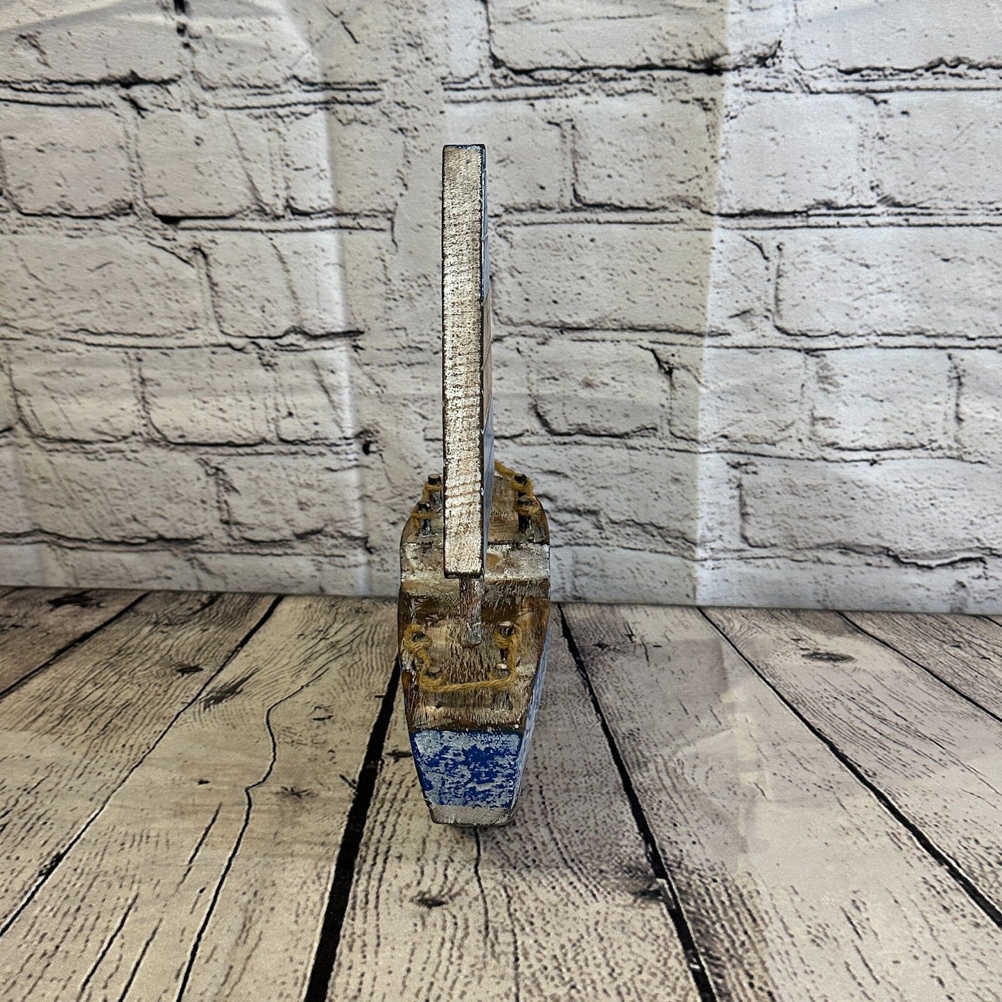 25cm Rustic Wooden Brown & Blue Sailing Boat Nautical Ornament Sculpture Decor