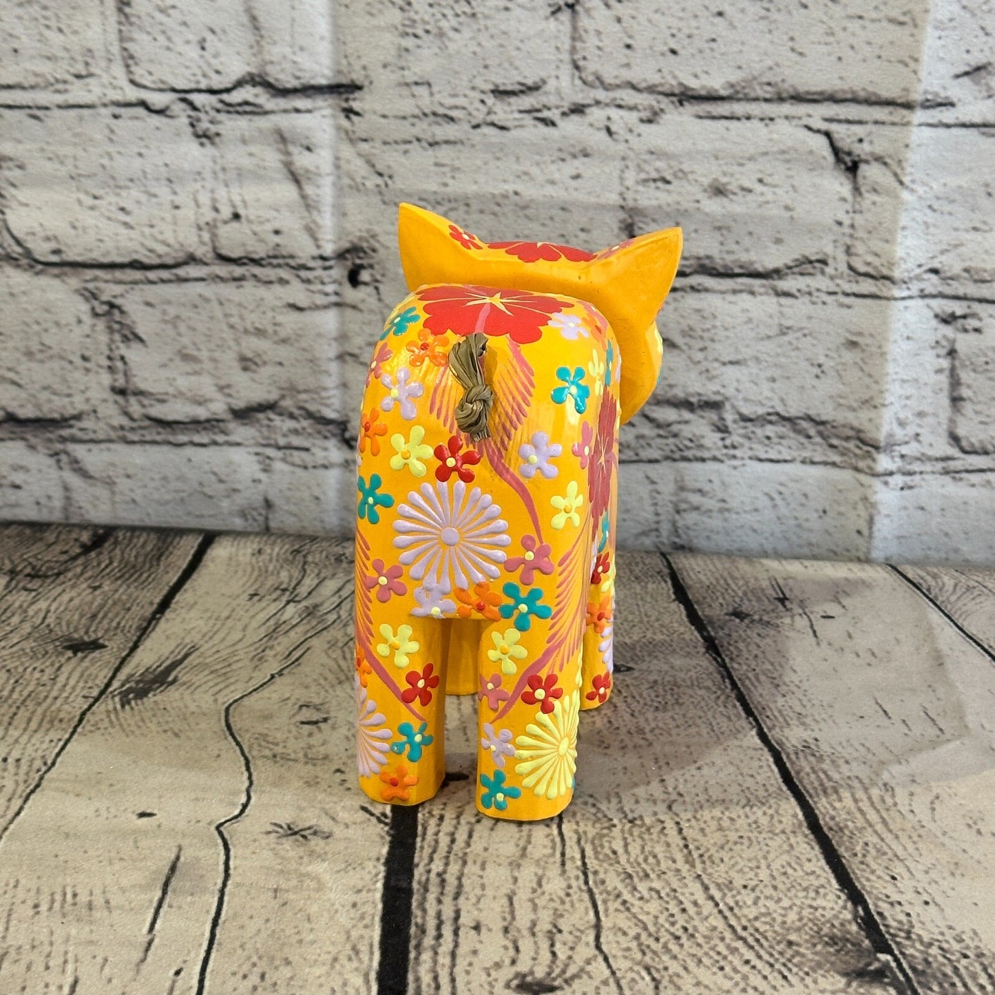 Orange Large Wooden Cat With Flower Pattern 15cm x 10cm Handmade and Fairtrade
