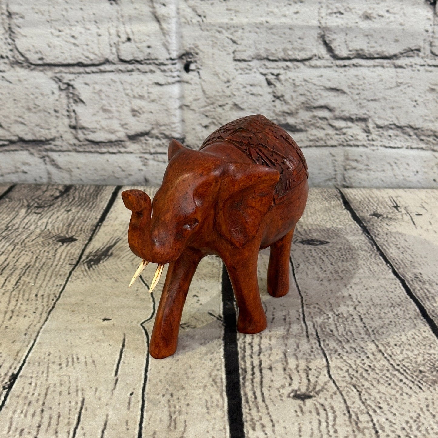 15cm x 10cm Carved Wooden Baby Elephant Wood Brown Sculpture Retro Handmade