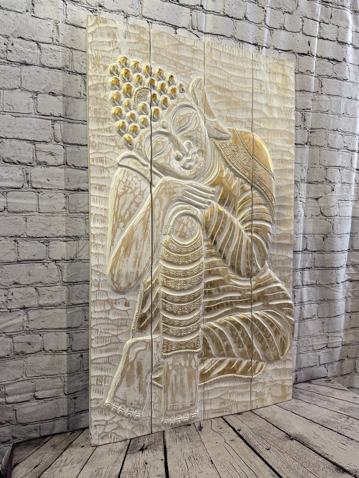 100cm x 60cm Buddha White Gold Wooden Wood Panel Wall Art Plaque Handcarved
