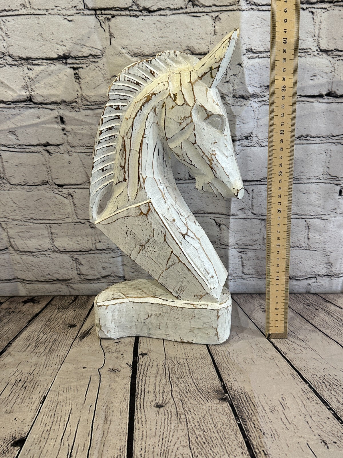 White Wooden 40cm x 20cm Horse Head Bust Hand Carved Wood Sculpture