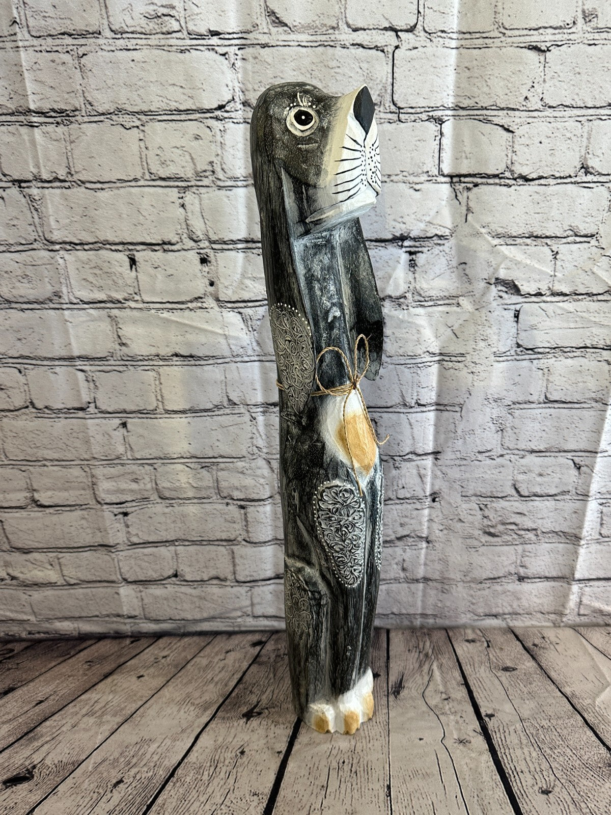 60cm Grey Flower Wooden Shabby Dog Statue Ornament Fair Trade Handcarved