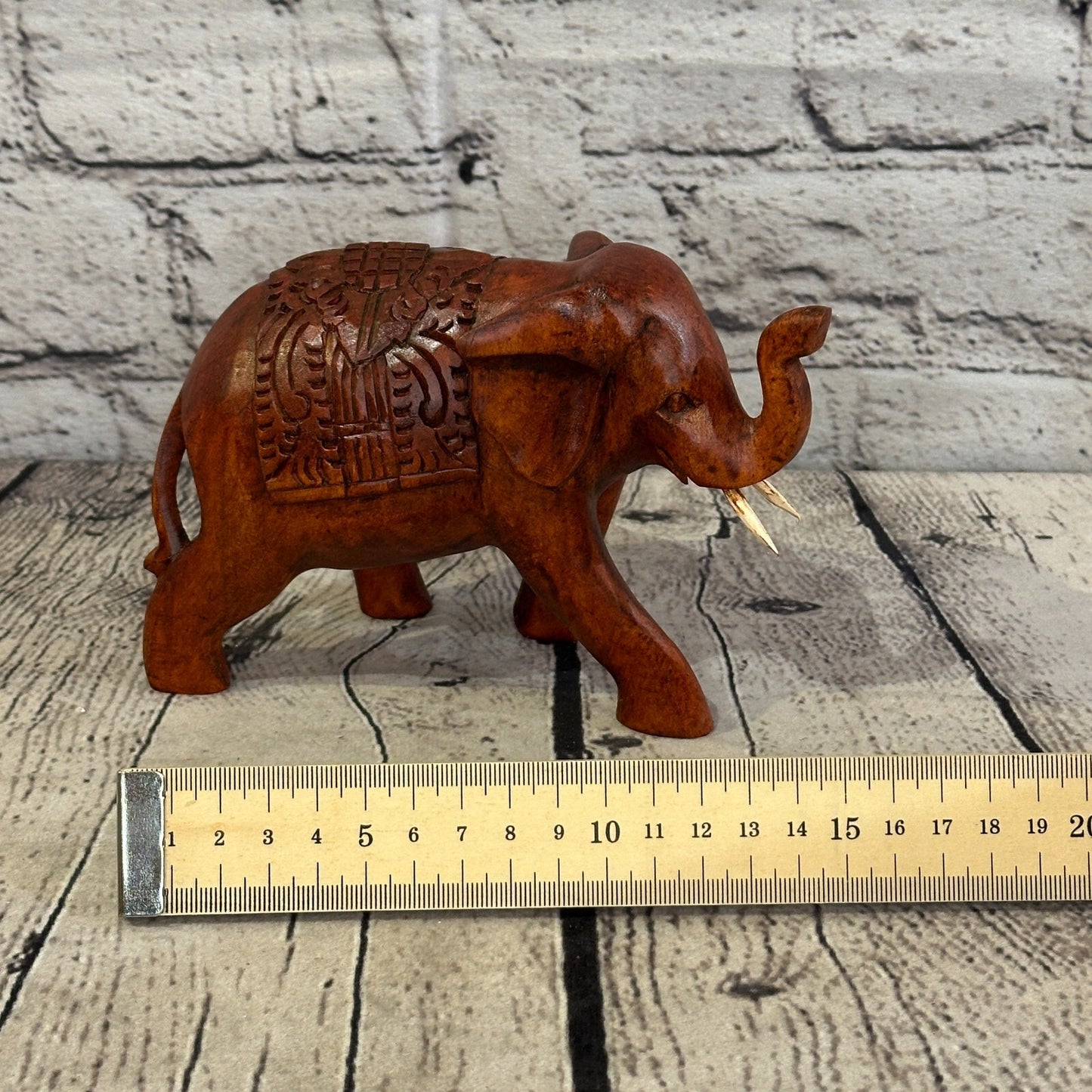 15cm x 10cm Carved Wooden Baby Elephant Wood Brown Sculpture Retro Handmade