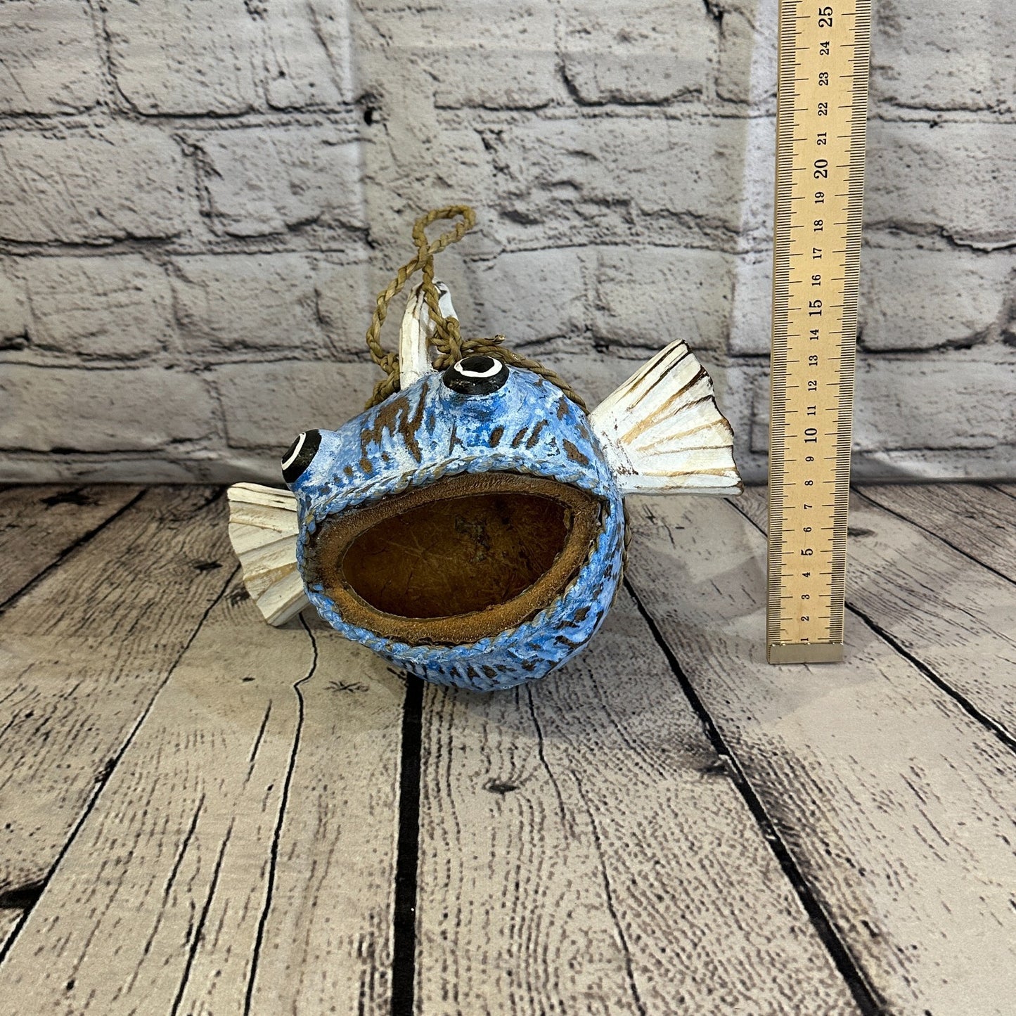 White Blue Folk Art Hand Painted Shark Fish Coconut Shell Ornaments Hanging