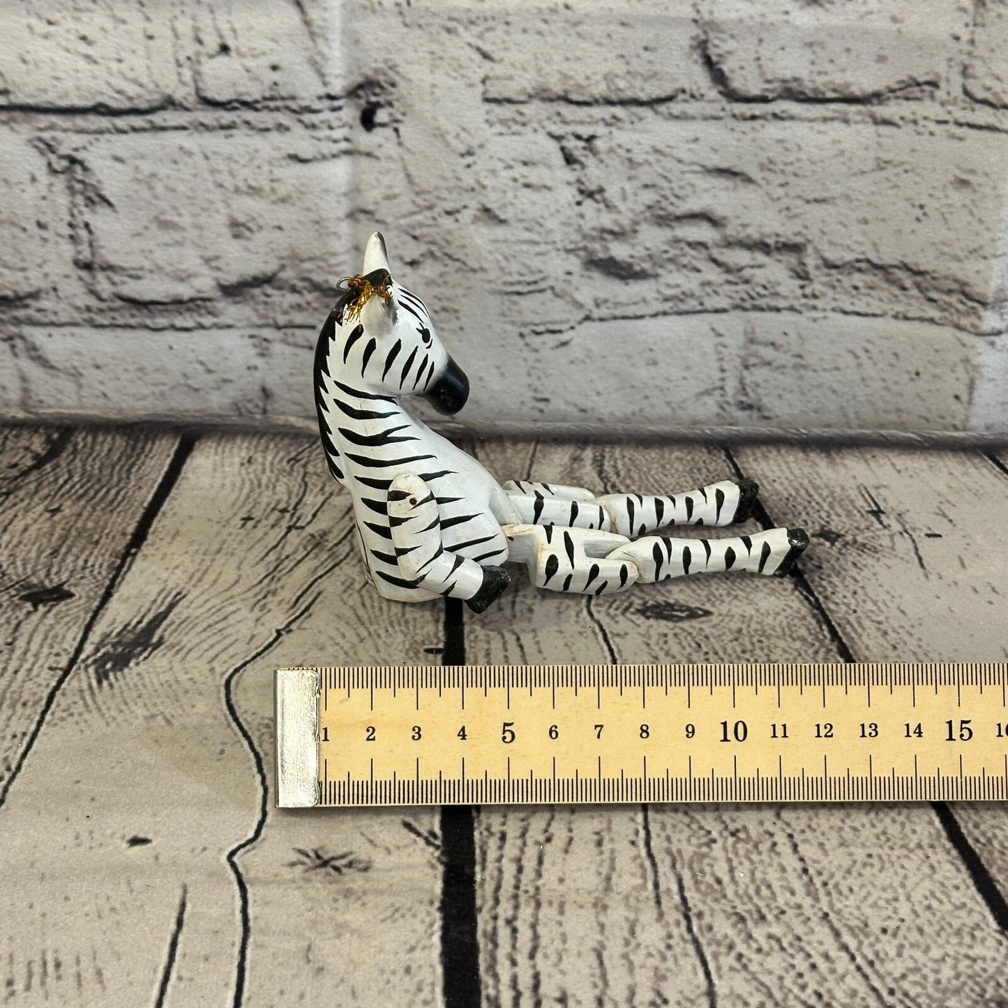 10cm Striped Zebra Sitting Animal, Wooden Shelf Ornament Handmade and Fairtrade