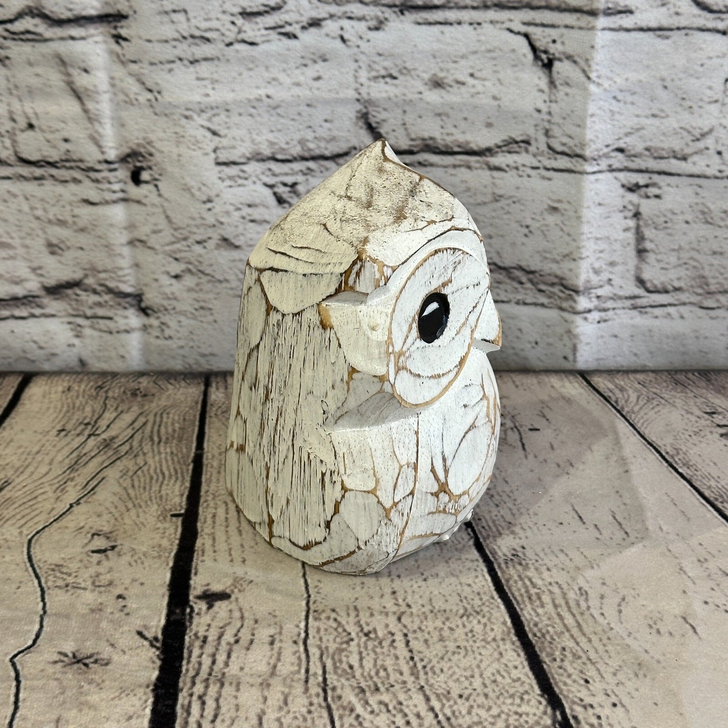 12cm x 10cm White Flower Wooden Shabby Owl Statue Ornament Fair Trade Handcarved