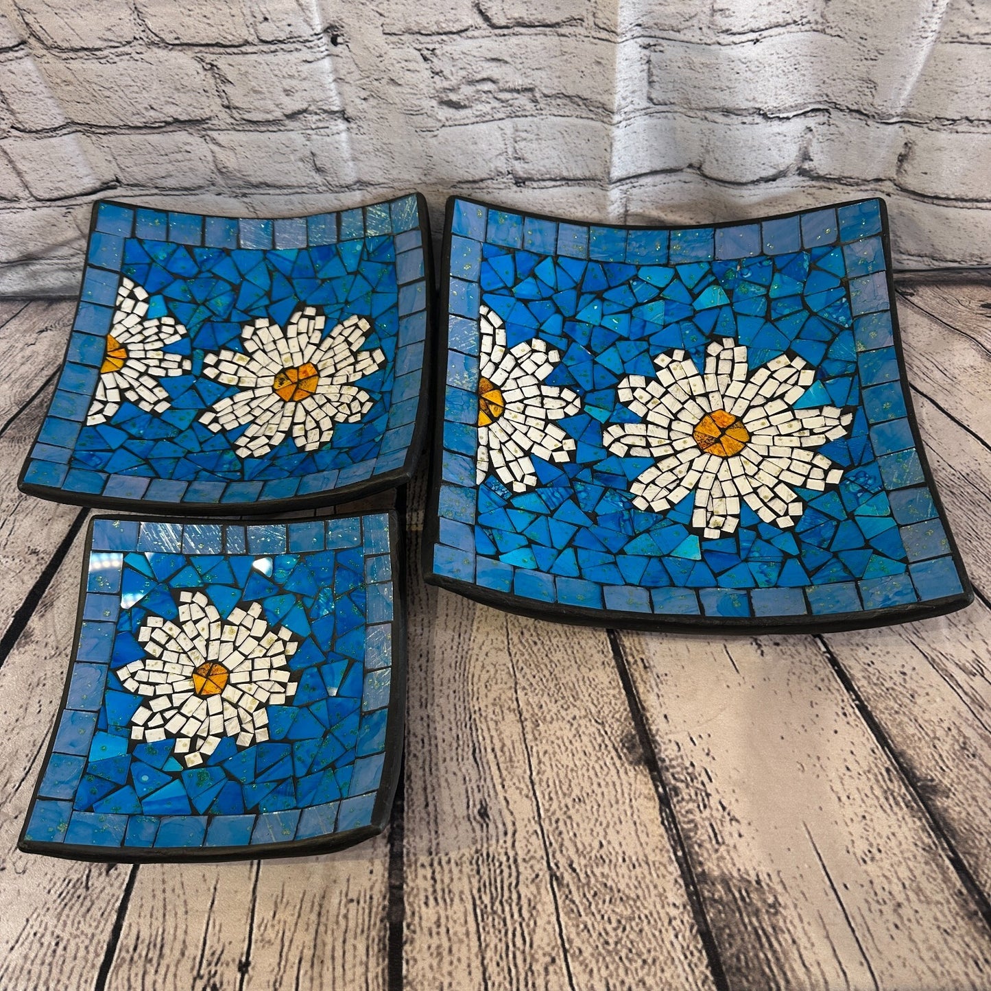 30cm Blue Daisy Flower Square Mosaic Handmade Ceramic Glass Tile Bowl Fruit
