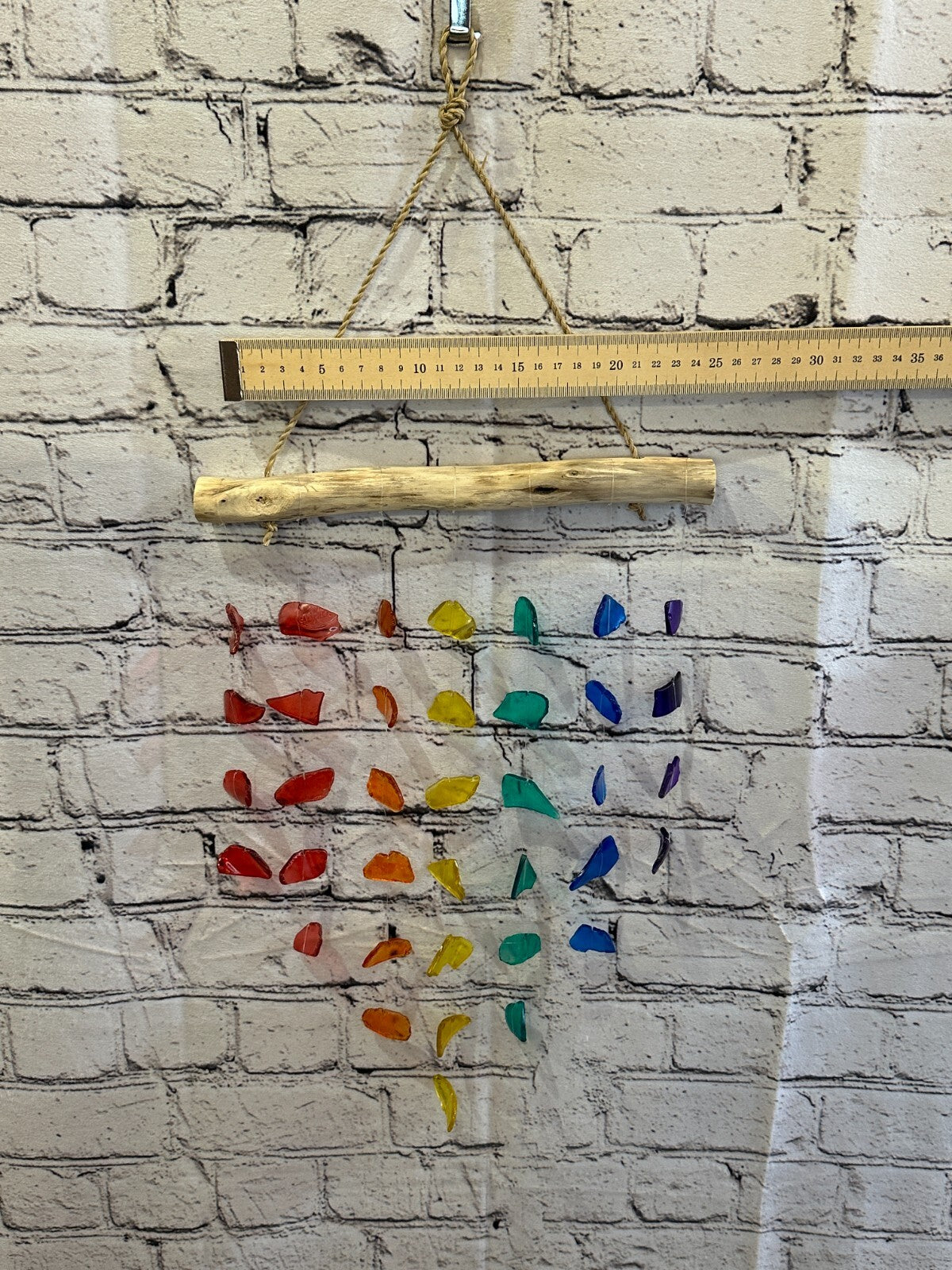 45cm x 25cm Rainbow Wind Recycled Glass Driftwood Handmade Garden Home Mobile