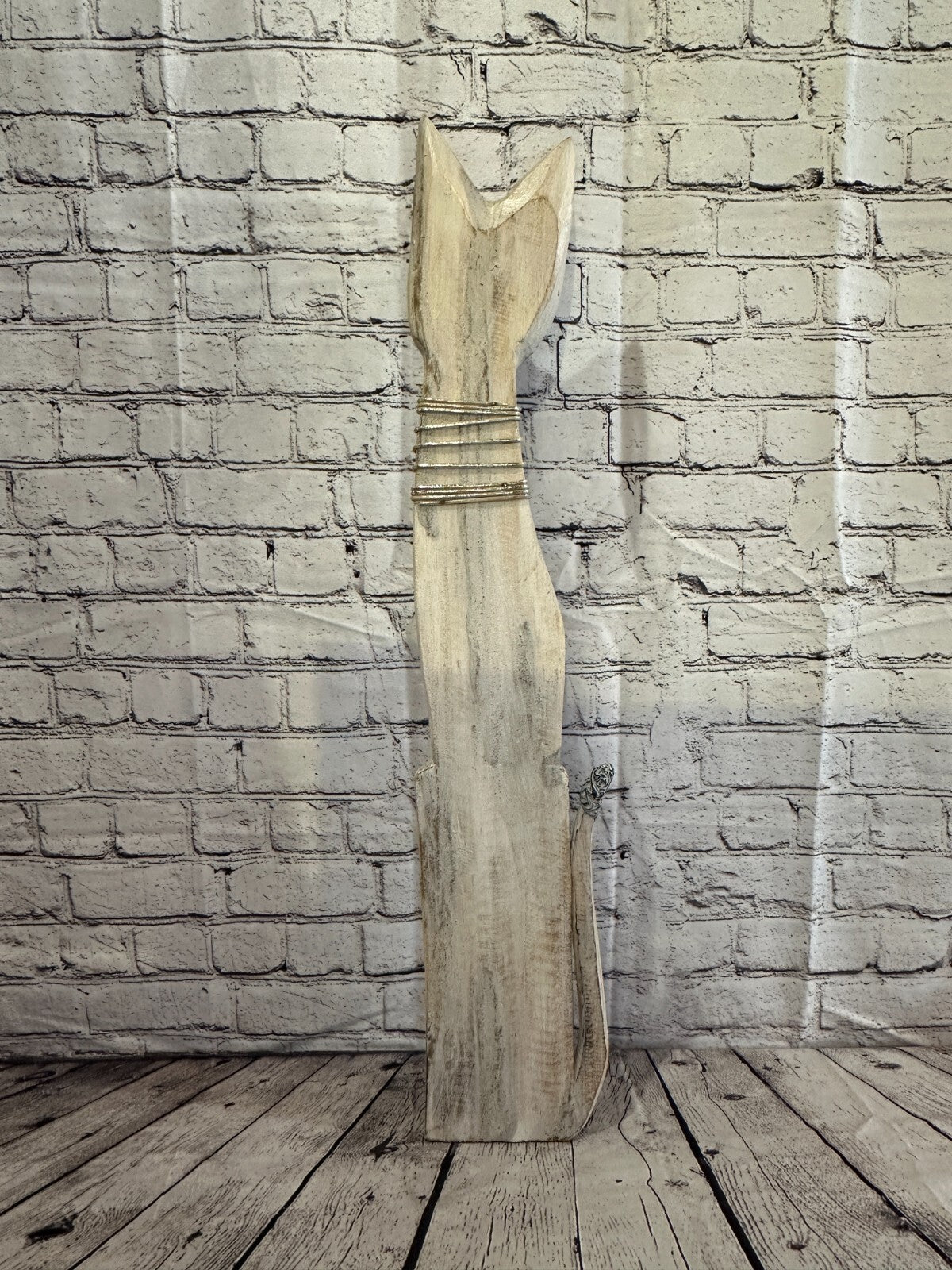 80cm White Swirl Flower Wooden Shabby Cat Statue Ornament Fair Trade Handcarved