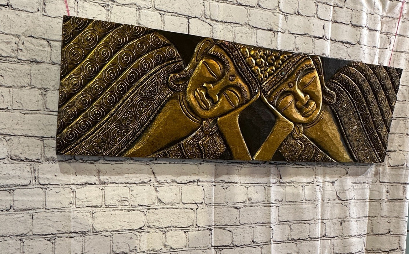 100cm x 30cm Buddha 2 Faces Gold Wooden Wood Panel Wall Art Plaque Handcarved