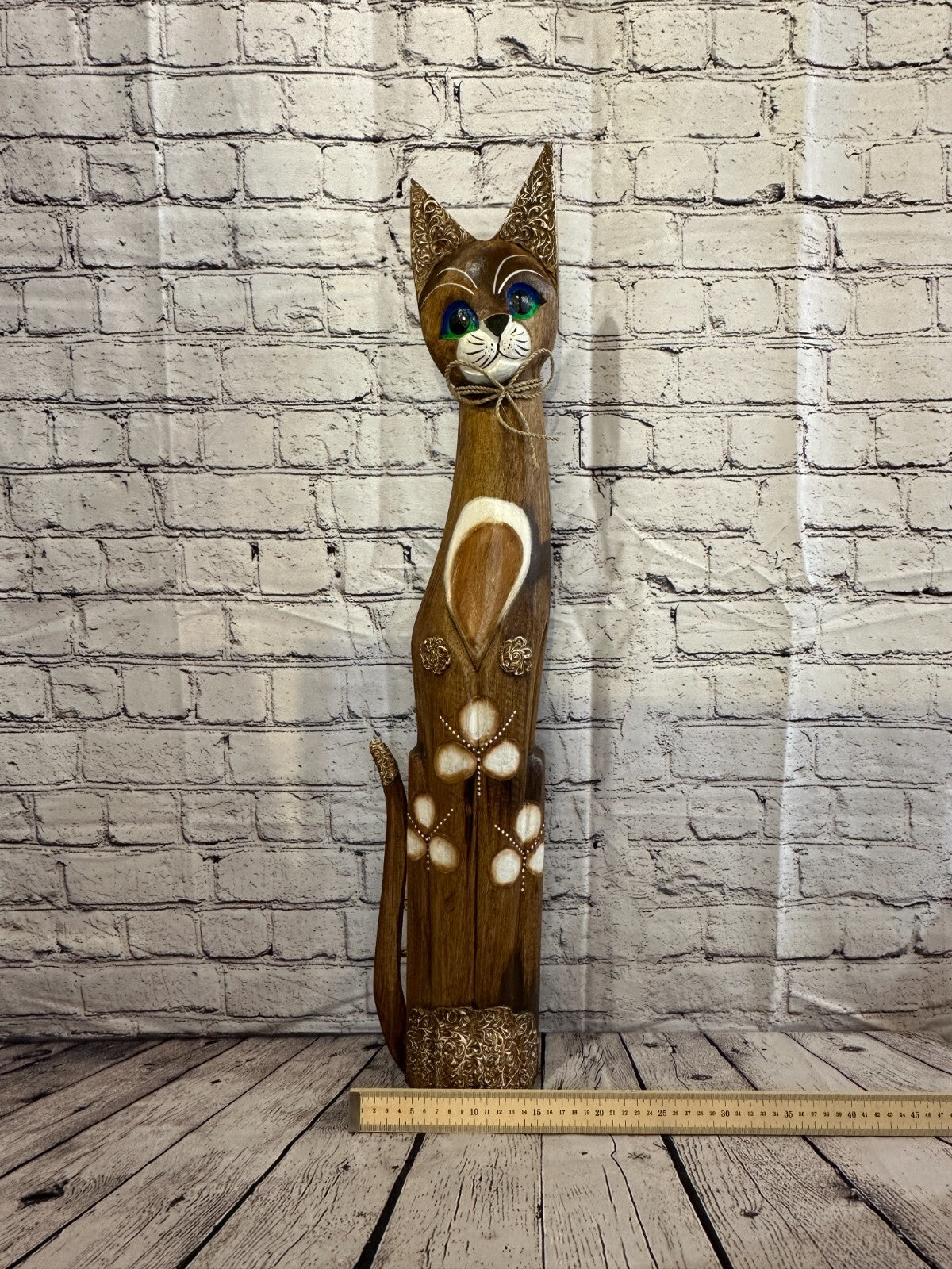 80cm Brown Swirl Flower Wooden Shabby Cat Statue Ornament Fair Trade Handcarved