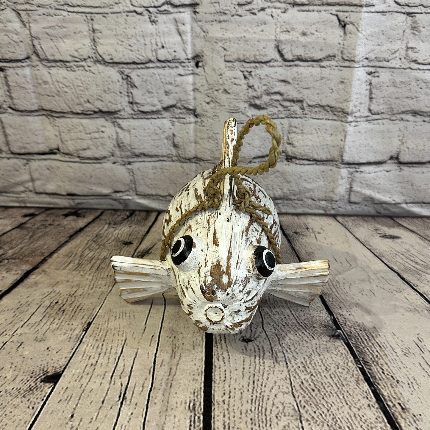 Plain White Folk Art Hand Painted Puffer Fish Coconut Shell Ornaments Hanging