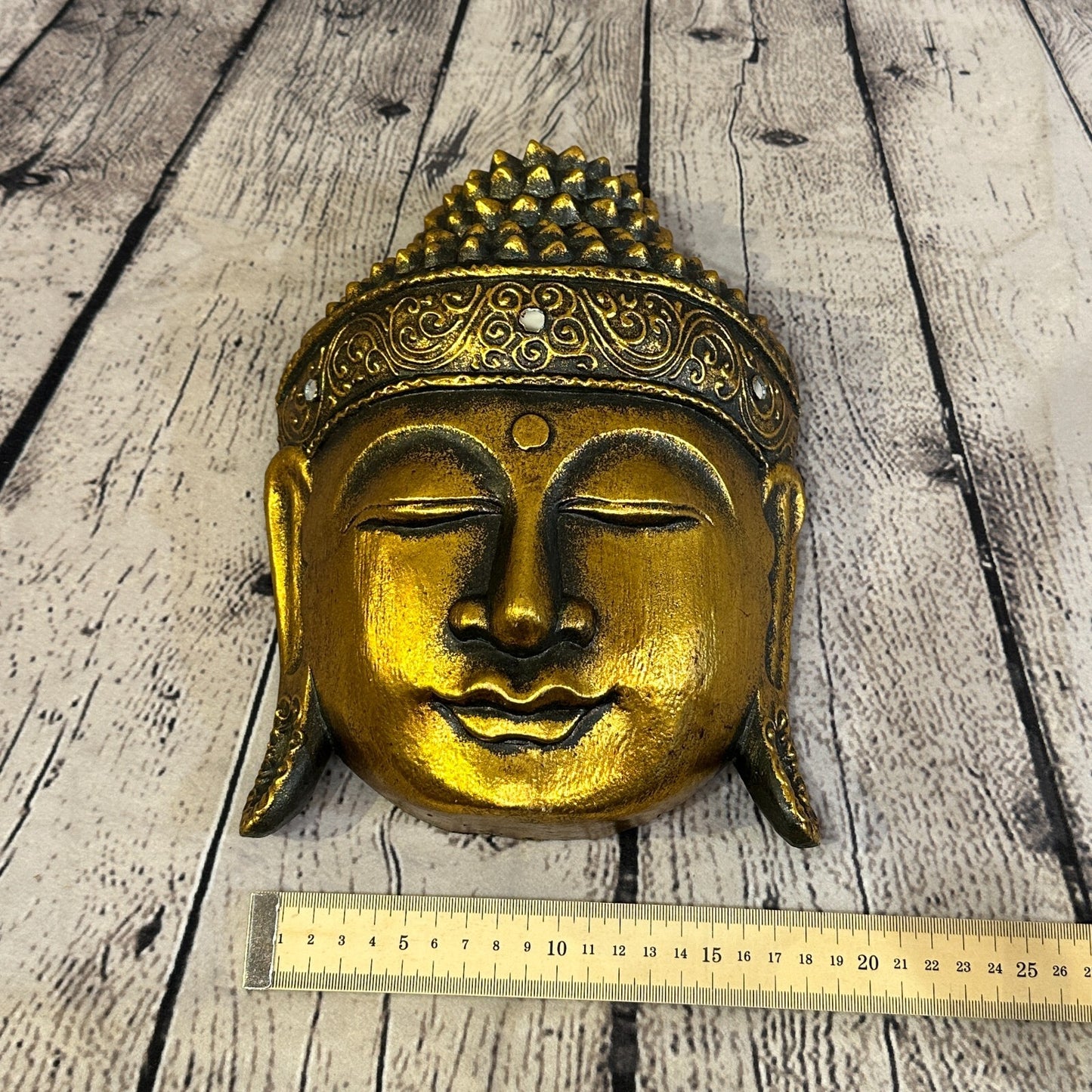 25cm Gold Buddha Head Mask Wooden Hanging Statue Figurine Ornament Fair Trade