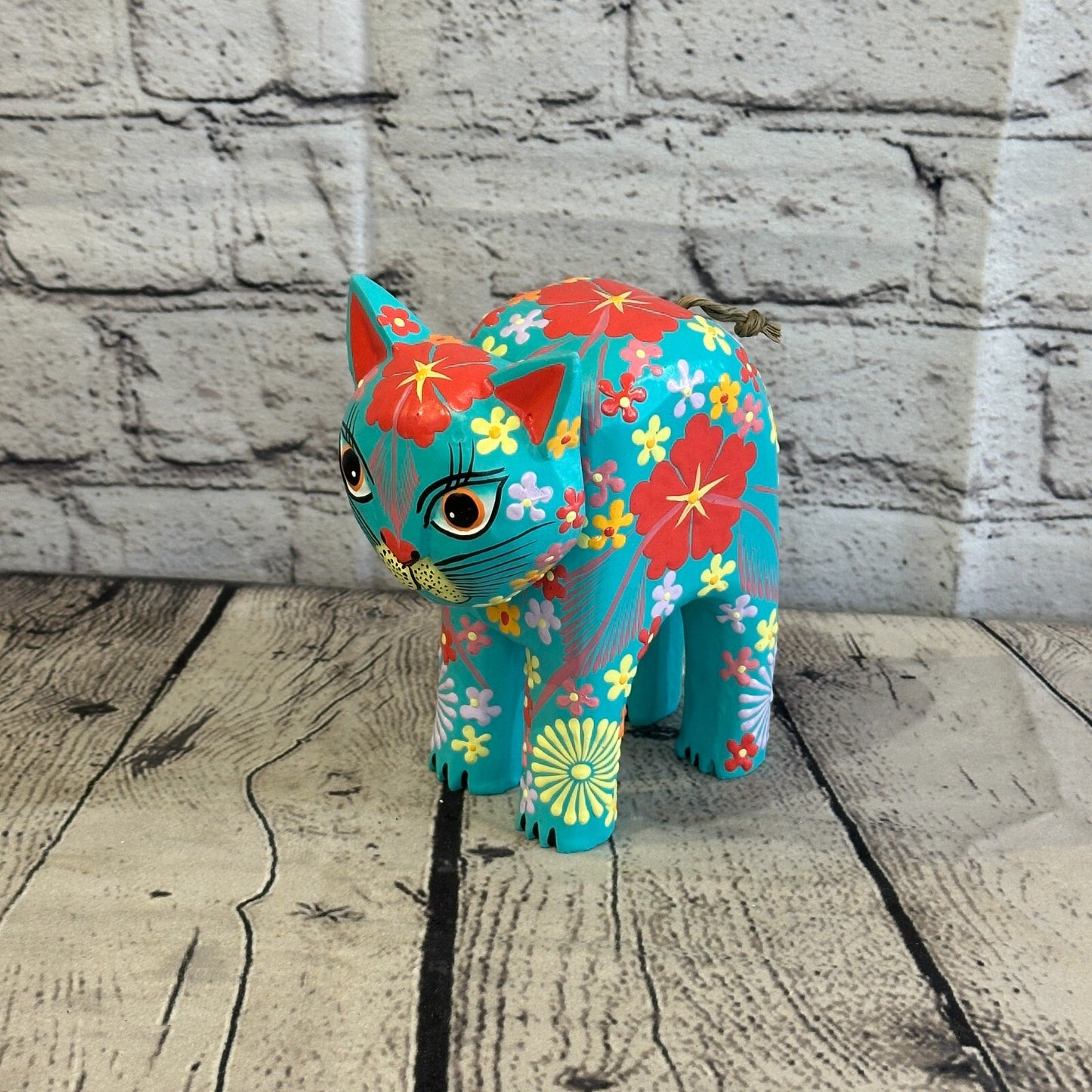 Blue Large Wooden Cat With Flower Pattern 15cm x 10cm Handmade and Fairtrade