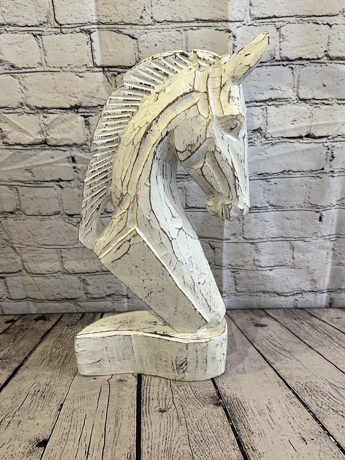 White Wooden 50cm x 25cm Horse Head Bust Hand Carved Wood Sculpture