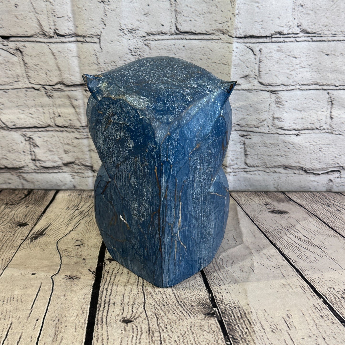 20cm x 15cm Blue Flower Wooden Shabby Owl Statue Ornament Fair Trade Handcarved