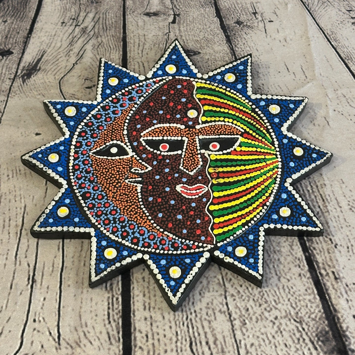 25cm Sun & Moon Carved Wooden Dot Painted Ethnic Tribal Tiki Wall Handmade No 2