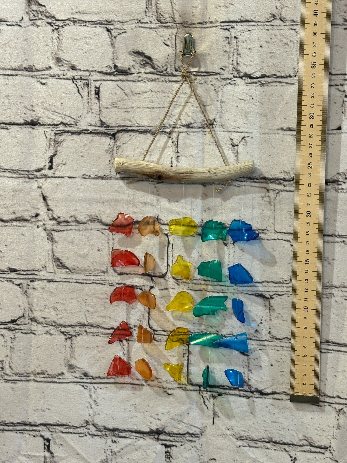 25cm x 15cm Rainbow Wind Recycled Glass Driftwood Handmade Garden Home Mobile