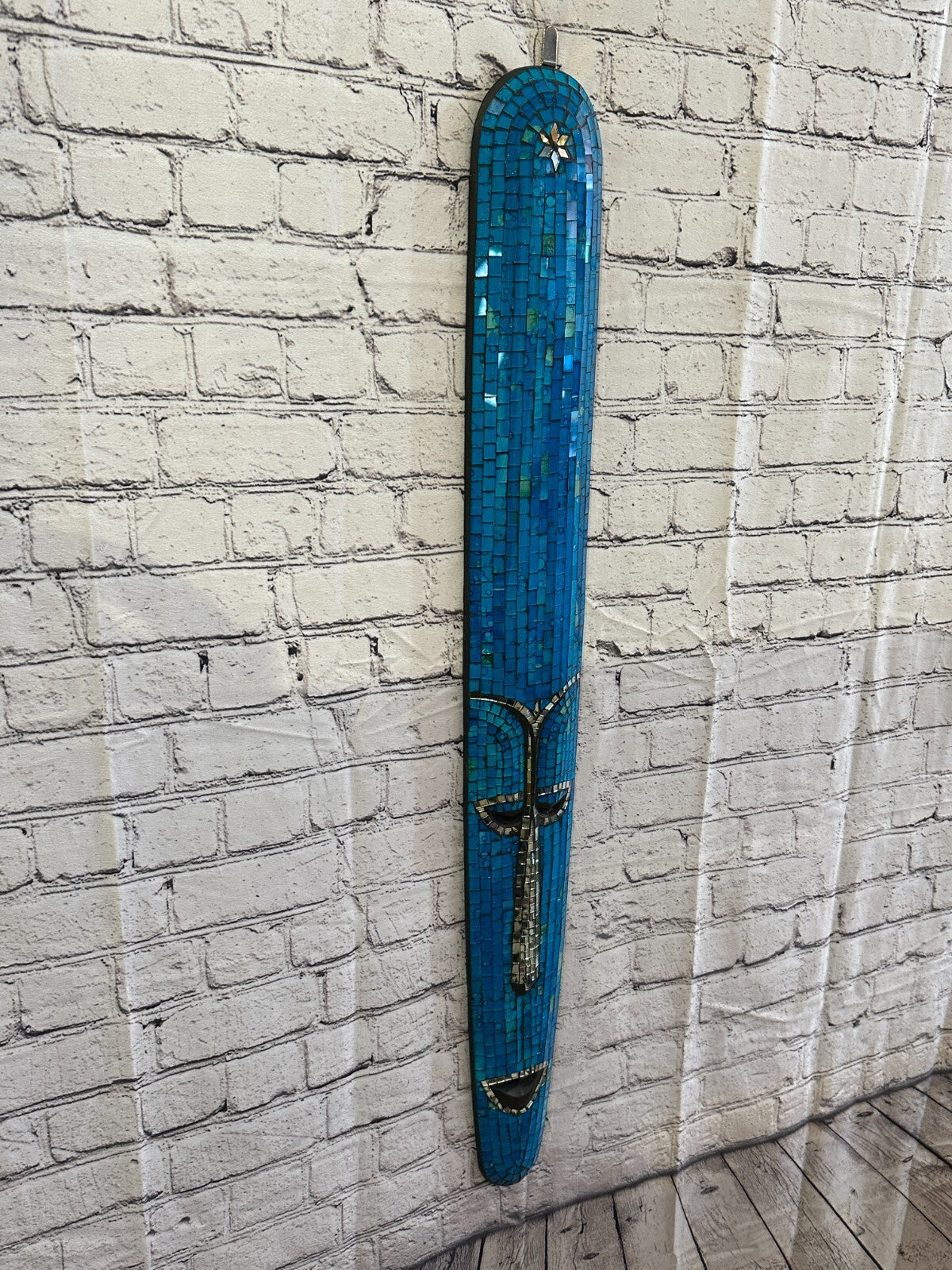 80cm Blue Mosaic Mirror Mask Carved Painted Ethnic Tribal Wall Art Handmade