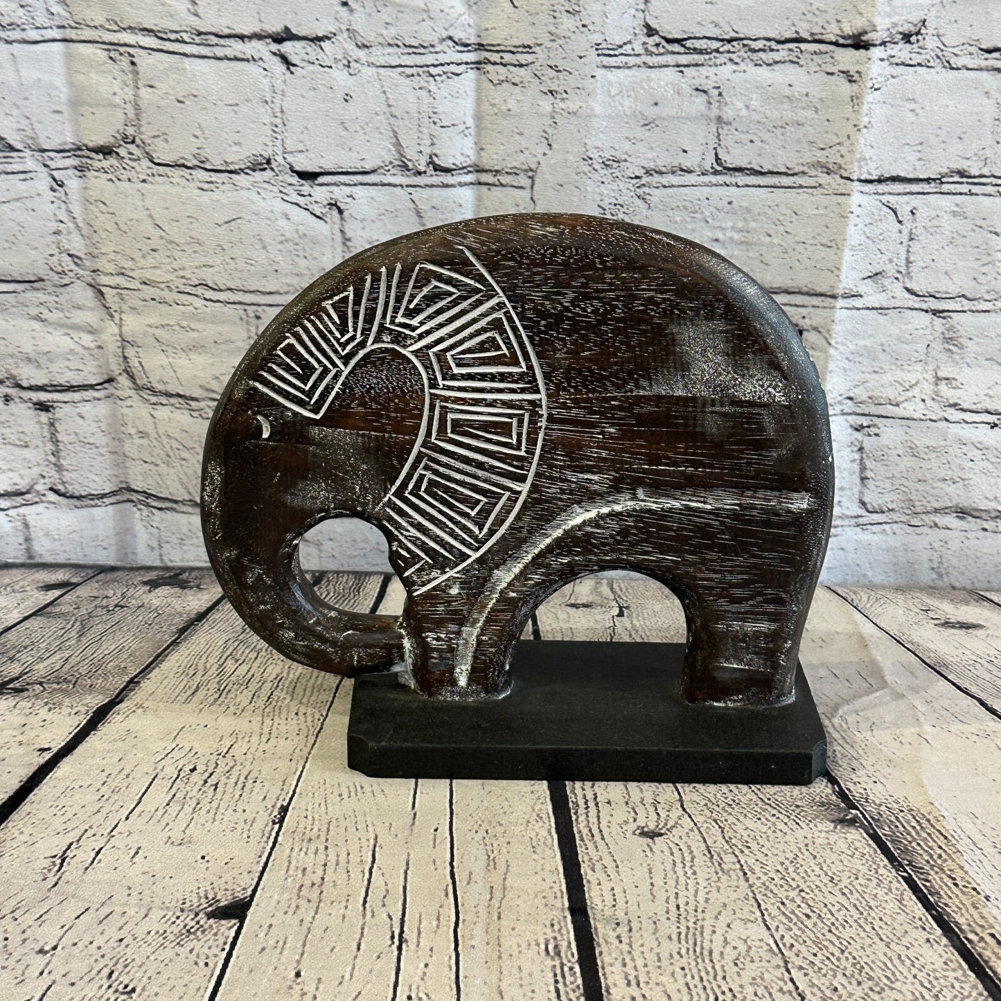 25cm x 25cm Wooden Tribal Primitive Black Elephant Round Stand Sculpture Statue