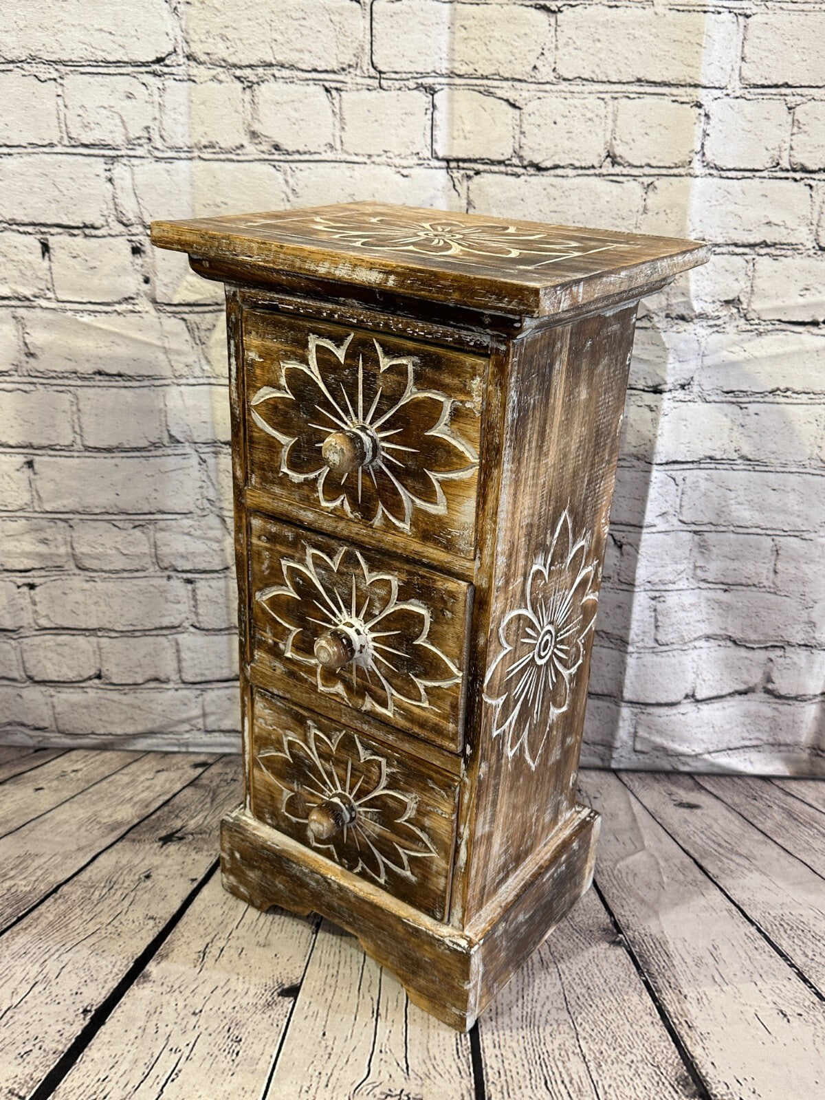 60cm x 25cm Brown 3 Draw Wooden Side Cabinet Living Hallway Storage Furniture