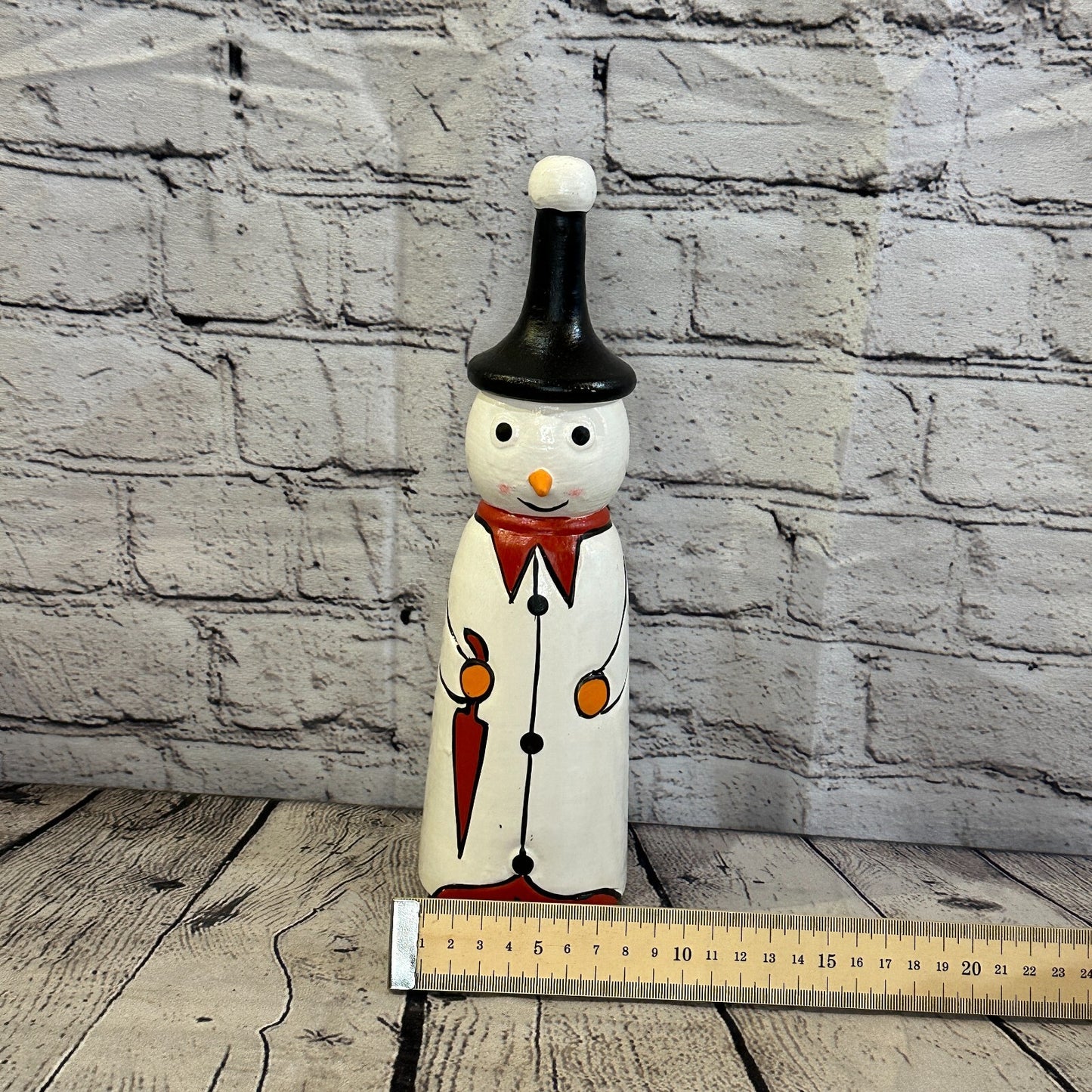 28cm x 8cm Black Pointy Hat Snowman Handcrafted Wood Xmas Christmas Ornament
